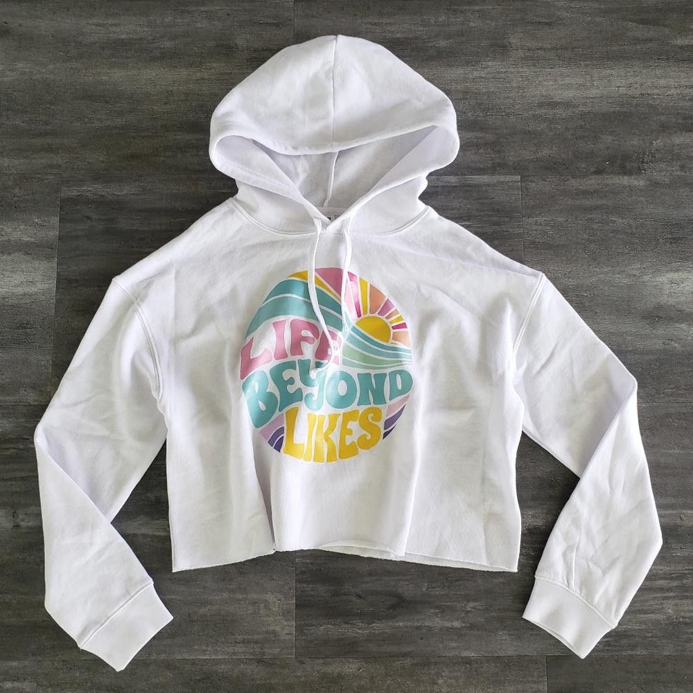 White Life Beyond Likes Hoodie Crop Long Sleeve