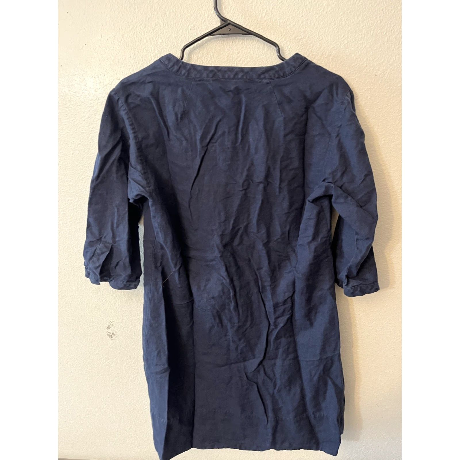 J.Crew VINTAGE J.CREW Linen Tunic Womens Small Navy Blue V-Neck 3/4 Sleeve Embroidered Dress Size S / US 4 / IT 40 - 3 Thumbnail