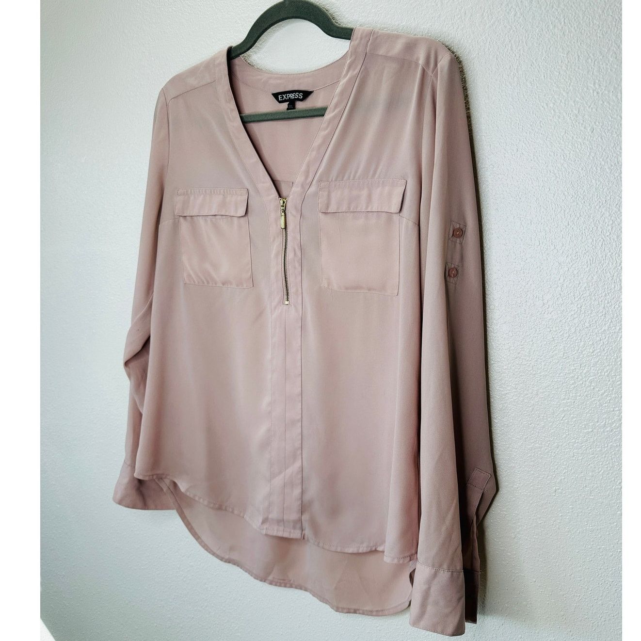Express Express Pale Peach Two Pocket Zip Front Roll Tab Sleeve Top Size M / US 6-8 / IT 42-44 - 3 Thumbnail