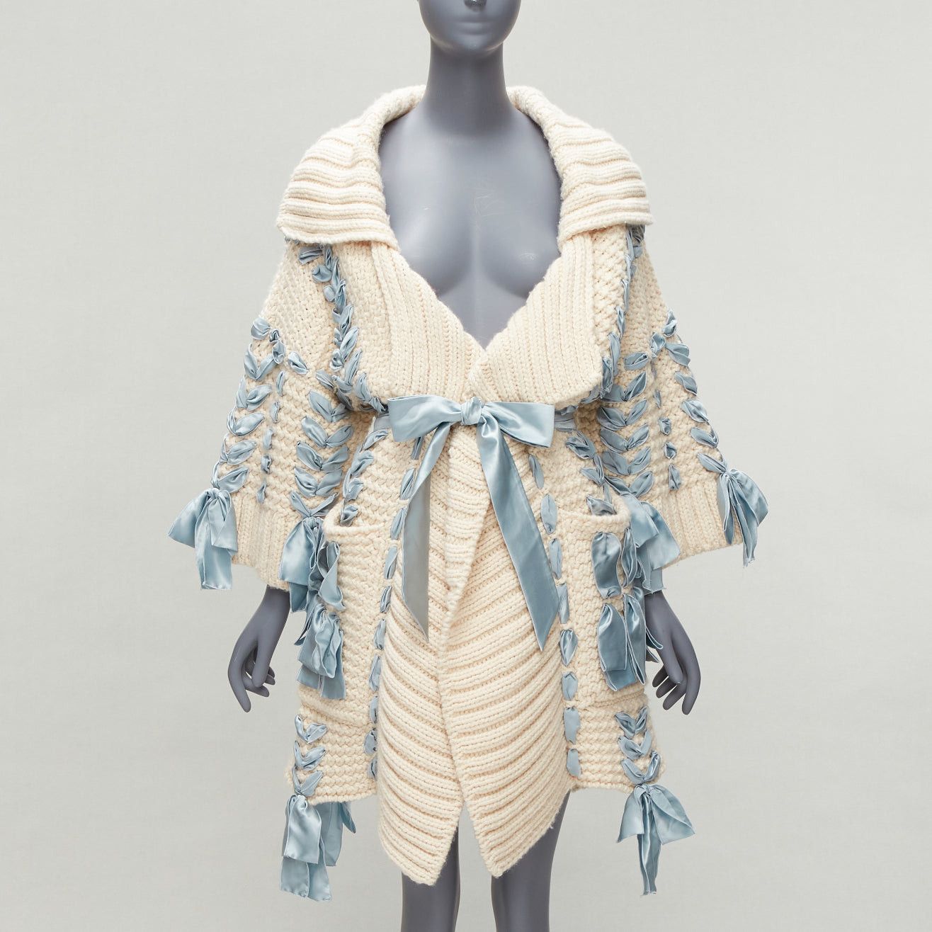 image of Christian Dior John Galliano 2010 Runway Blue Ribbon Beige Cardigan Coat Xs in Cream, Women's (Size