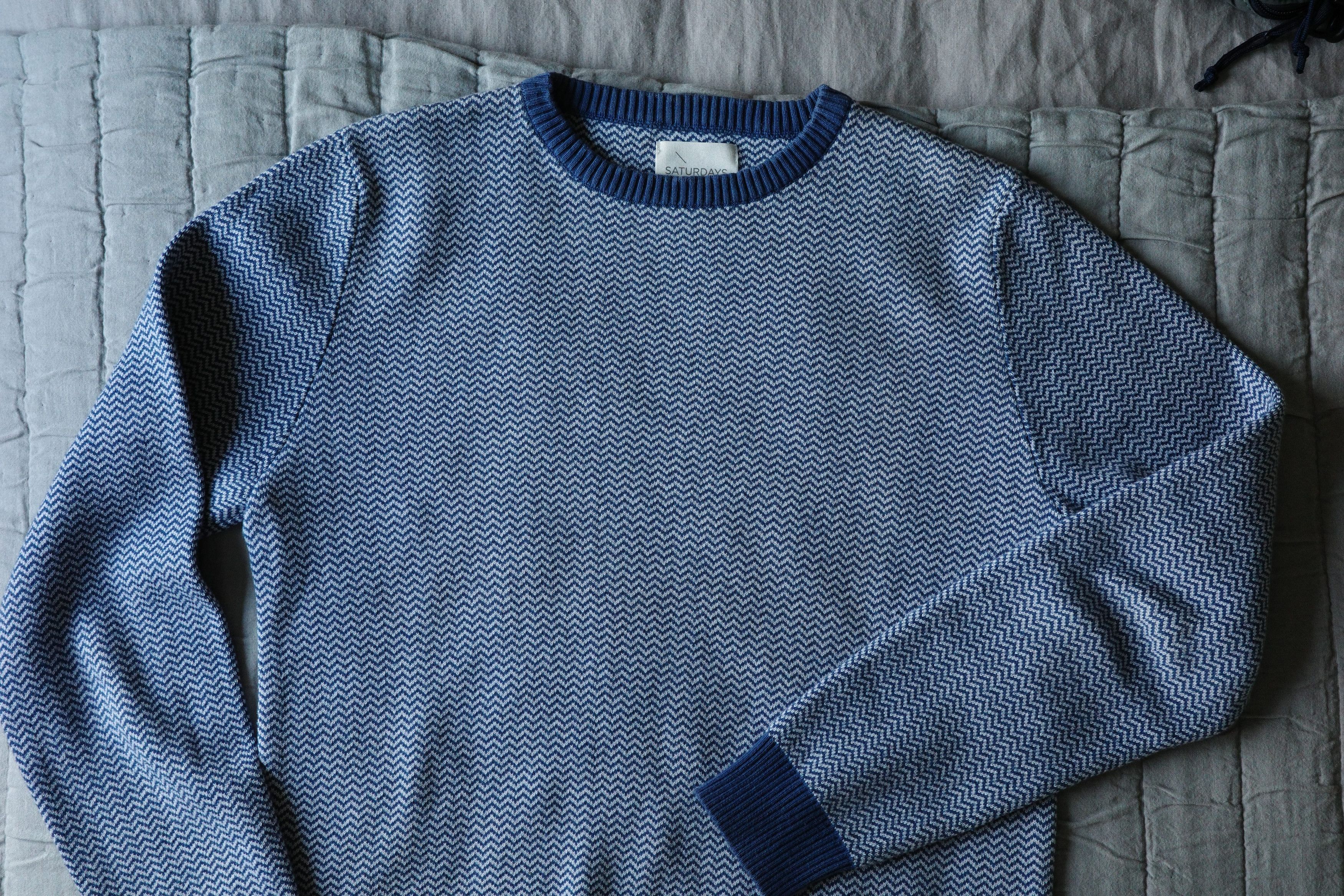 Saturdays NYC Blue Herringbone Cotton Sweater Size US S / EU 44-46 / 1 - 5 Thumbnail