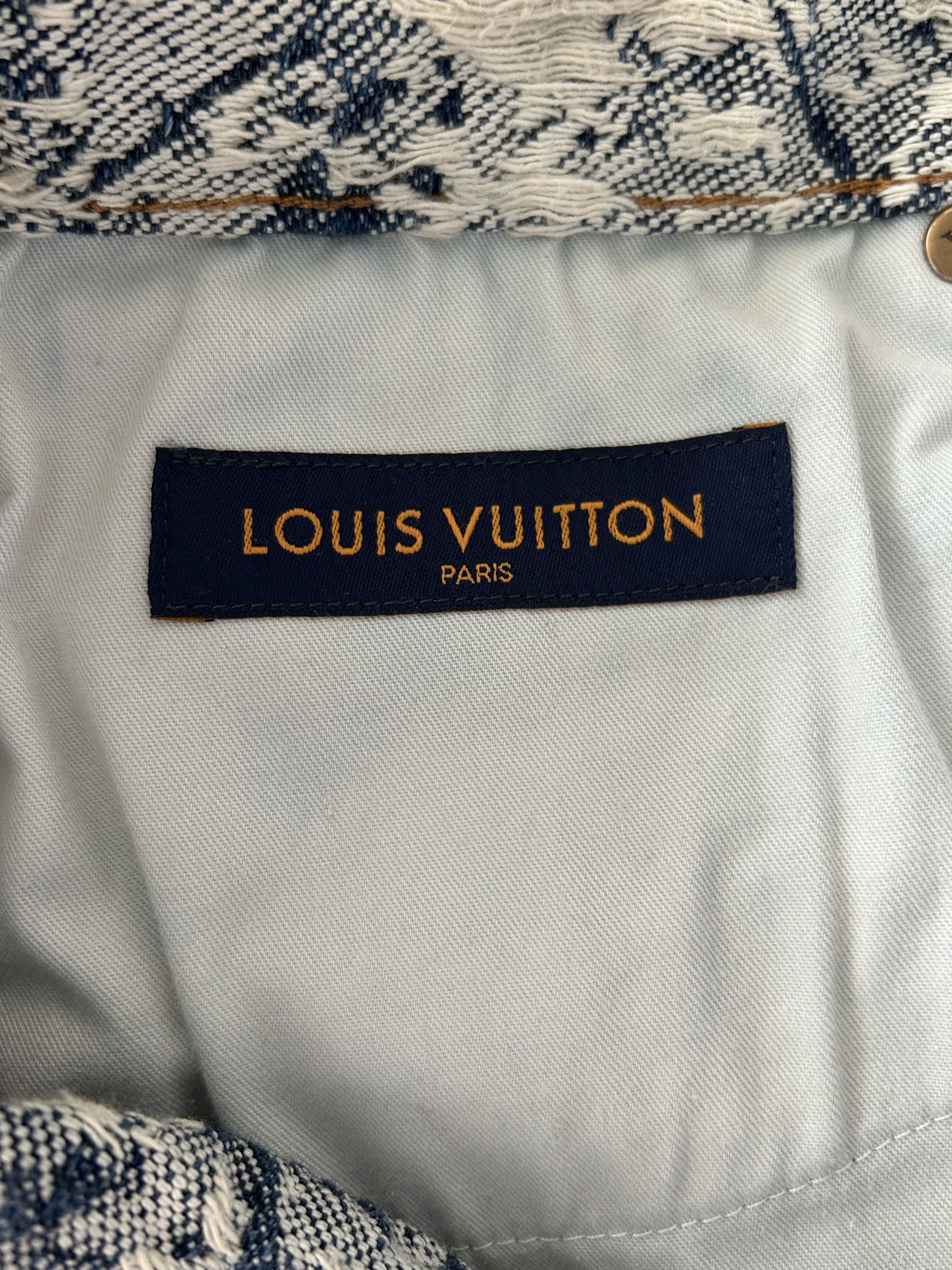 Louis Vuitton Blue & White Floral Distressed Carpenter Shorts Size US 33 - 3 Thumbnail