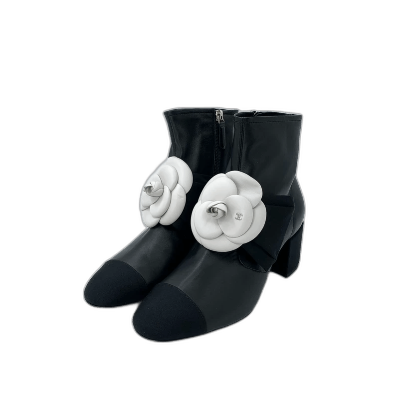 Chanel Chanel Chanel Size 38.5 Black Leather Camellia Decorated Chunky Heel Short Boots Size US 6 / EU 39 - 1 Thumbnail