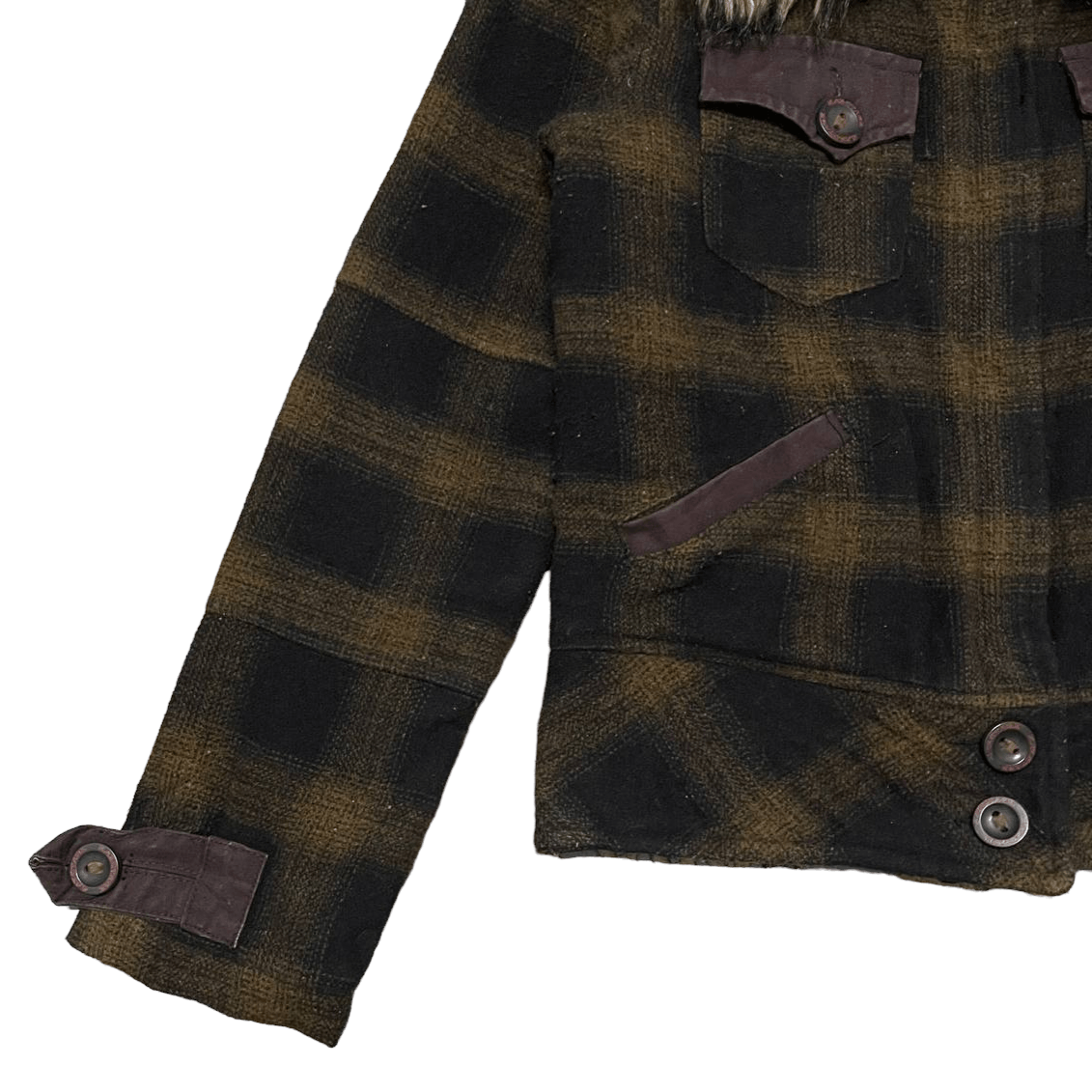 SBTG Vintage Sabotage Wool Plaid Fur Jacket 4 Pockets Size S / US 4 / IT 40 - 3 Thumbnail