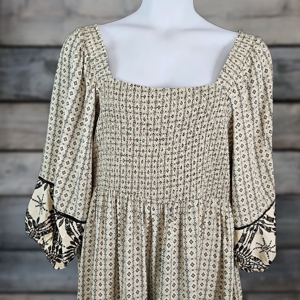 Vintage Tribal Femme Womens Dress XL Black Beige Embroidered 3/4 Sleeve Rayon Knee Length Square Neck Size XL / US 12-14 / IT 48-50 - 1 Thumbnail