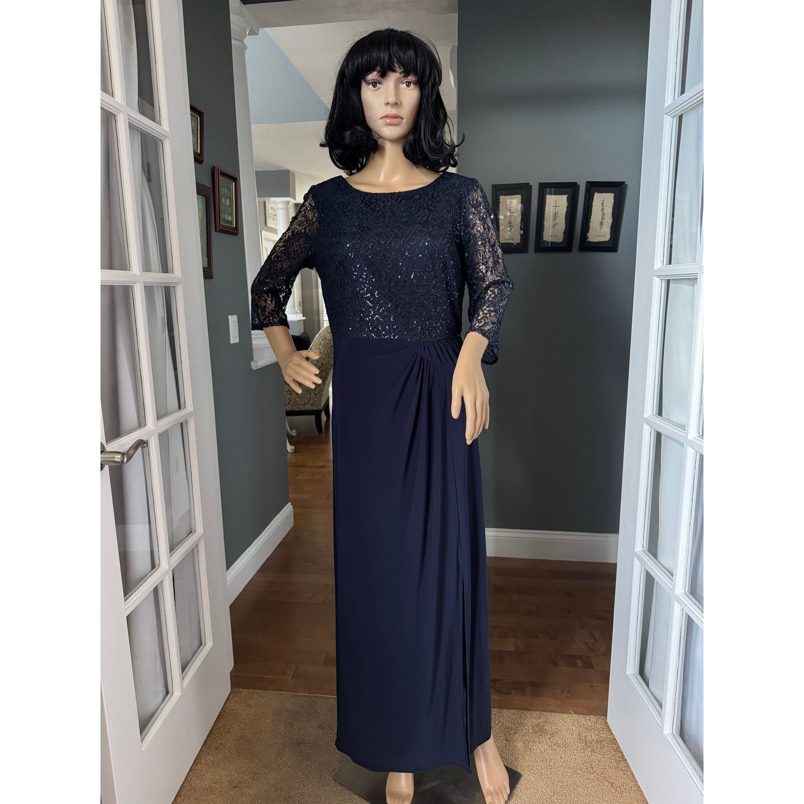 Alex Evenings Navy Long sequin Bodice sheer sleeves Dress