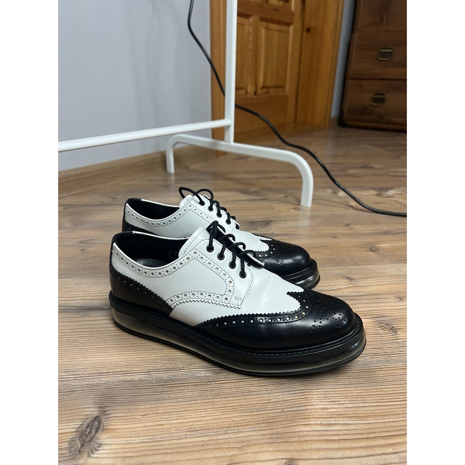 Prada PRADA Milano Women`s Black White Leather Derby Brogues Size Size US 8 / IT 38 - 5 Thumbnail