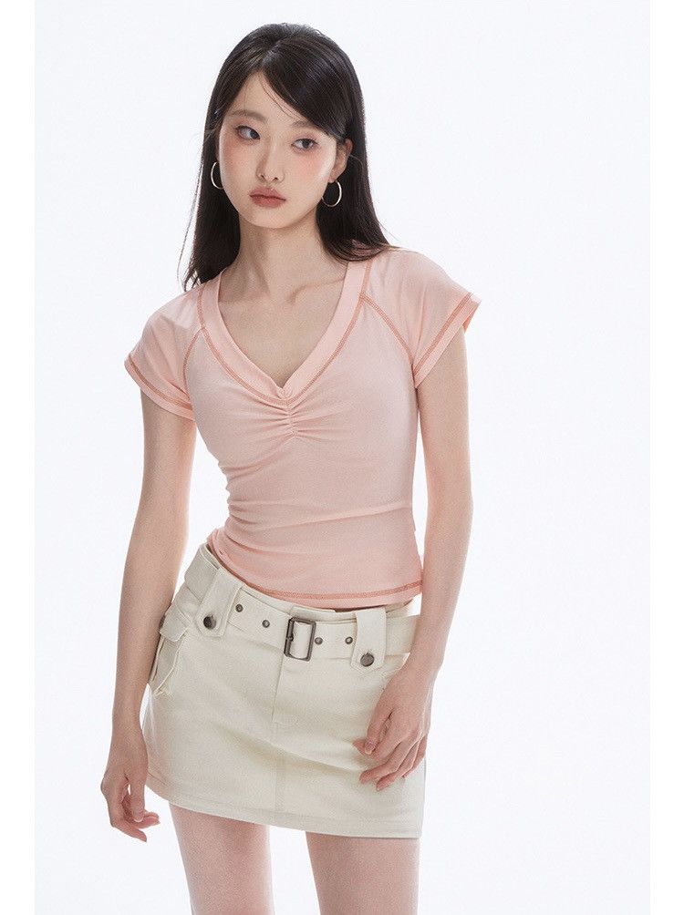 Other Light pink V-neck Ruched Cap Sleeve Tee Size L / US 10 / IT 46 - 2 Thumbnail