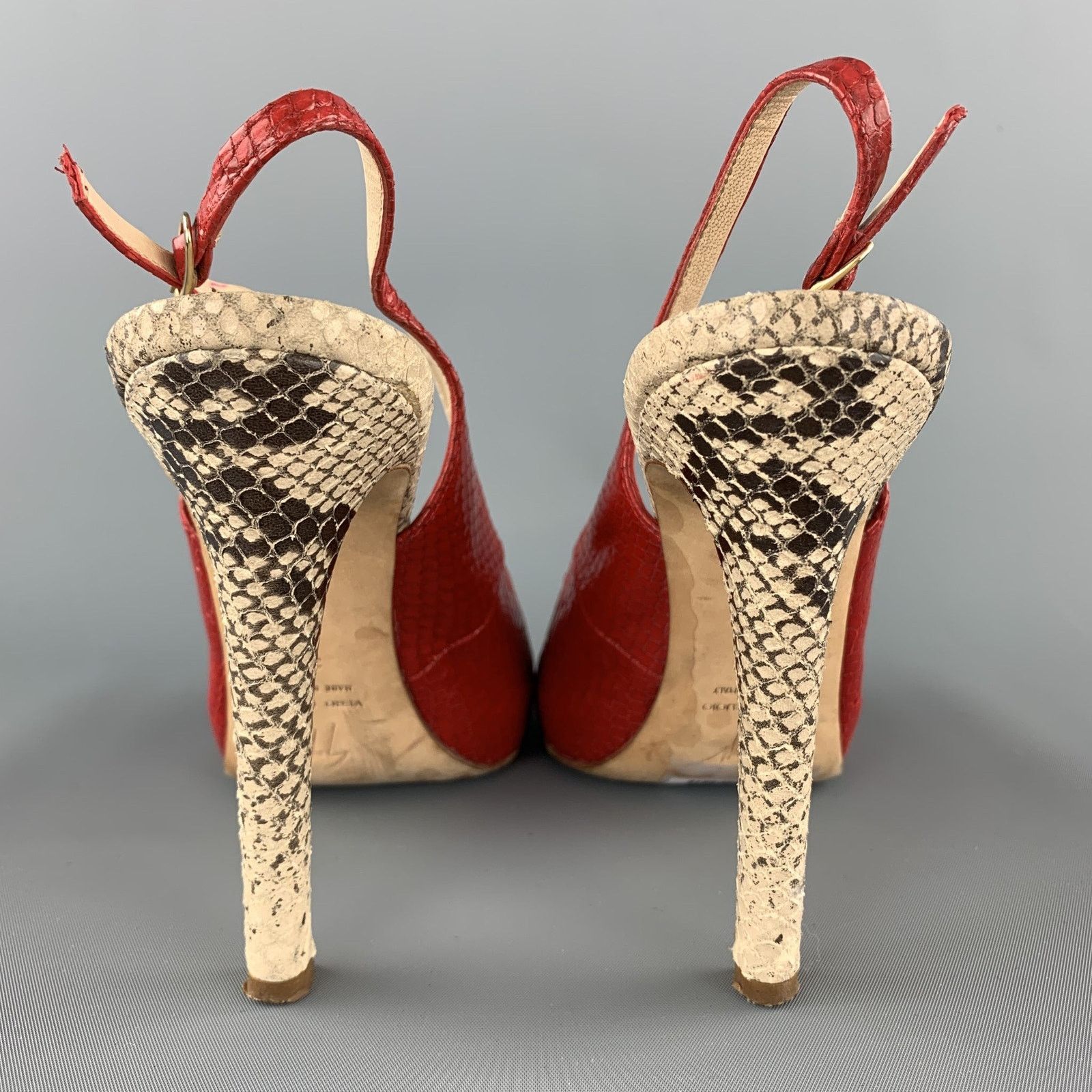 Giuseppe Zanotti 8 Red & Beige Snake Skin Slingback Peep Toe Pumps Size US 8 / IT 38 - 7 Thumbnail