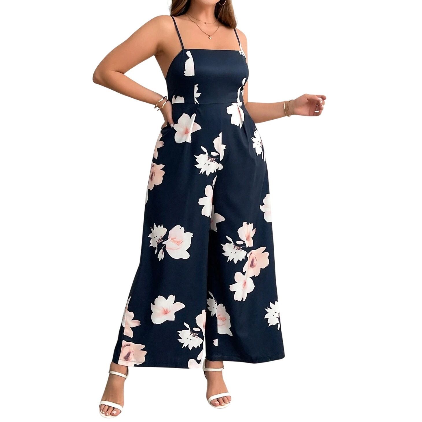 Shein Floral Printed Sleeveless Jumpsuit in Blue, Size 1XL Size 38" / US 16 / IT 52 - 1 Thumbnail