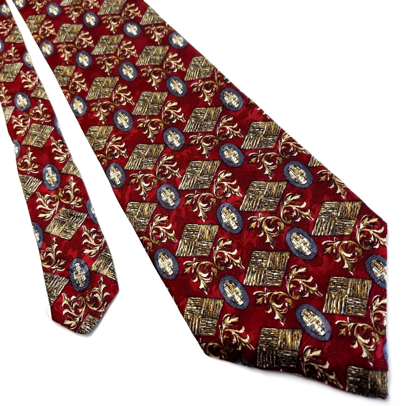 Boston Traders Boston Traders Red Beige Silk Tie Woven Short Wide Geometric Size ONE SIZE - 1 Thumbnail