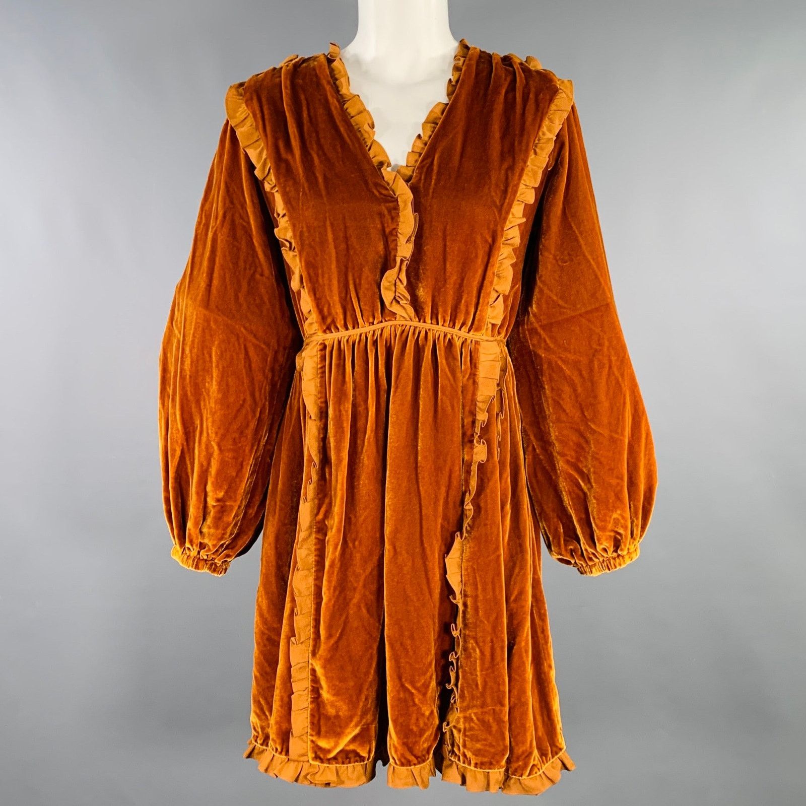 Ulla Johnson ULLA JOHNSON 4 Camel Ruffled Long Sleeve Below Knee Dress Size S / US 4 / IT 40 - 1 Thumbnail