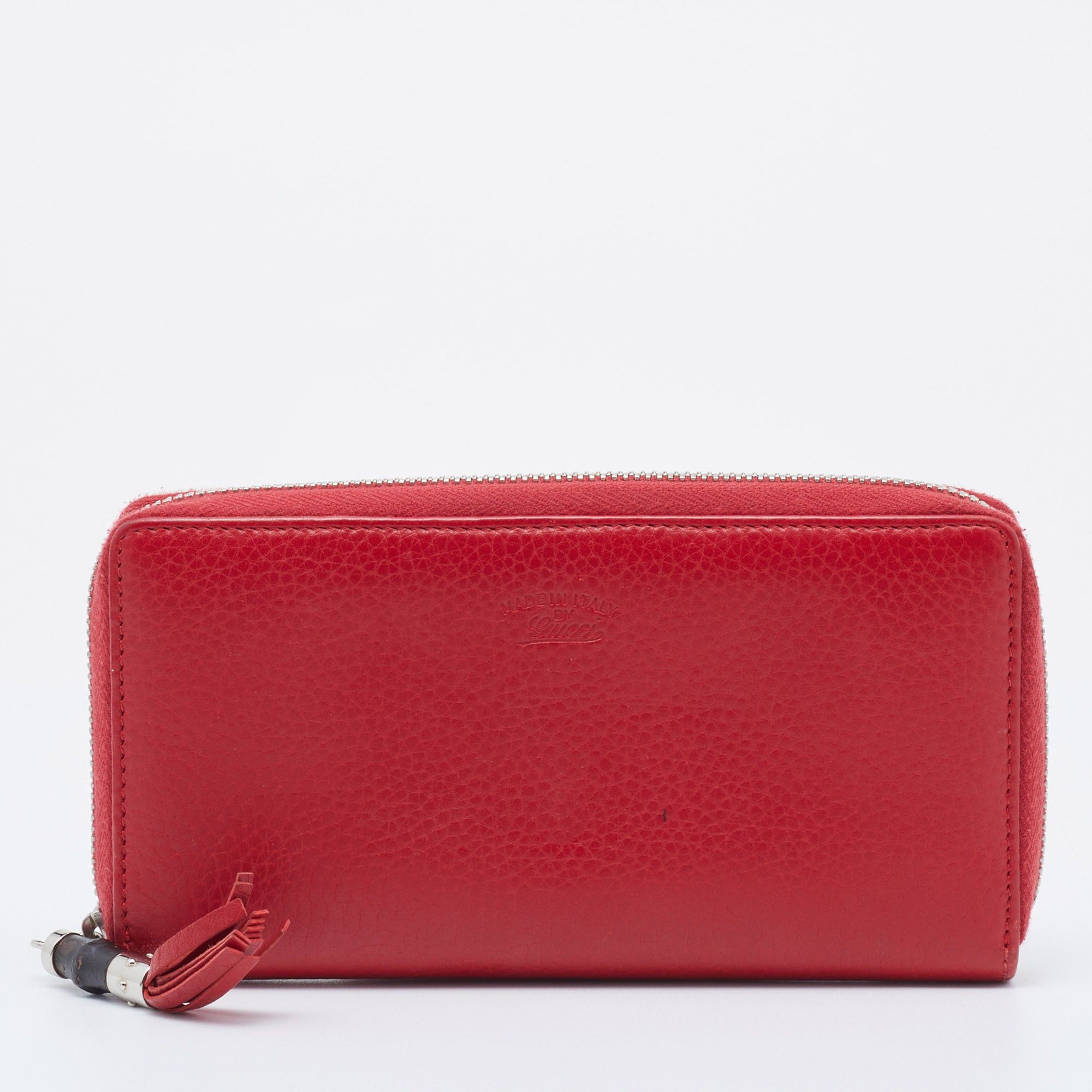 image of Gucci Red Leather Bamboo Tassel Zip Around Wallet in Black, Women's
