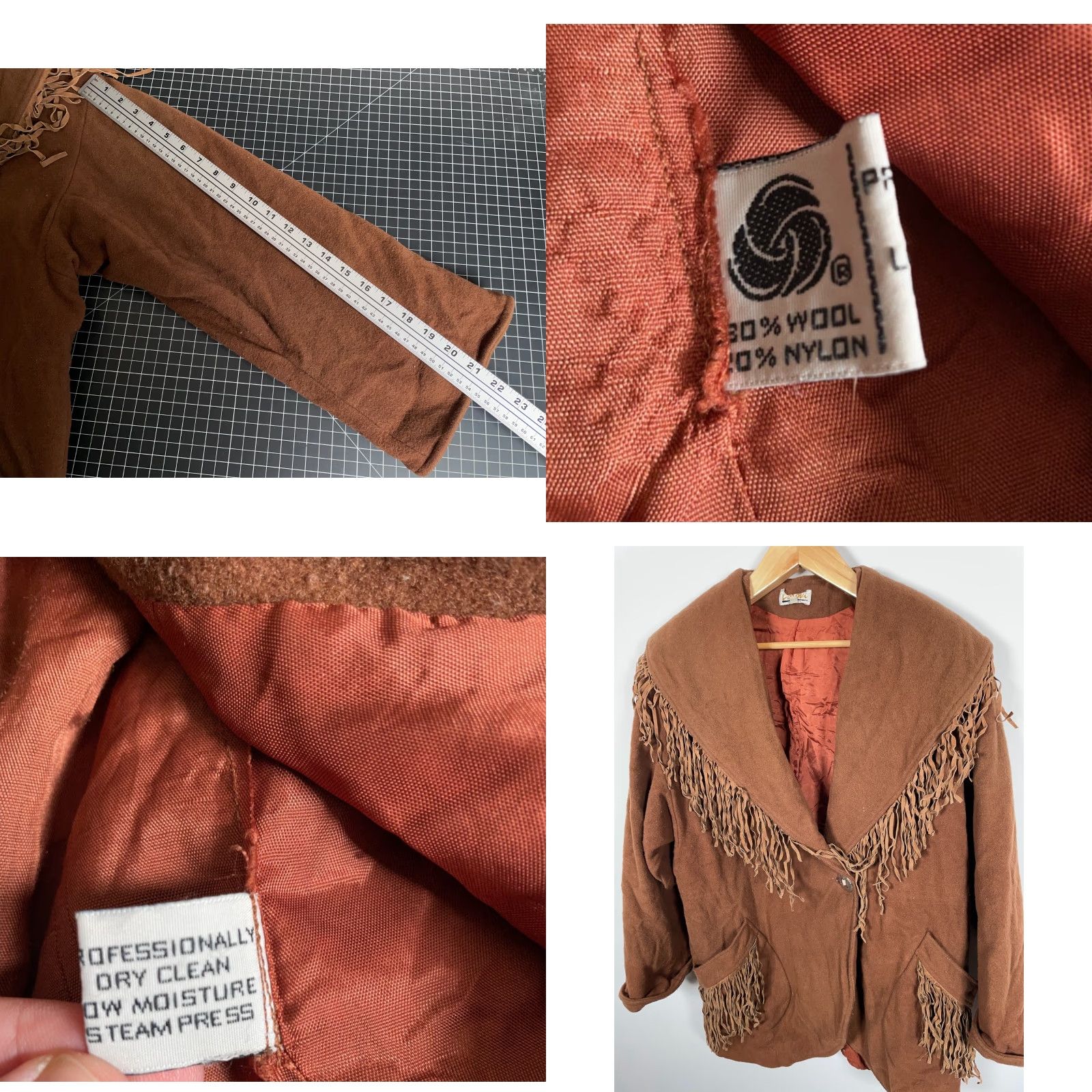 Lorovi Brown Wool Fringe Jacket Women\'s Large 1-Button Western Boho Retro