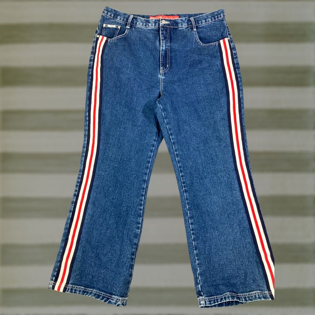 Denime Revolt Bootcut Womens Jeans 22 Blue Denim Striped Straight Leg Waistband Pockets Jeans 90s Womens (Plus) Blue Size 40" / US 18 - 1 Thumbnail