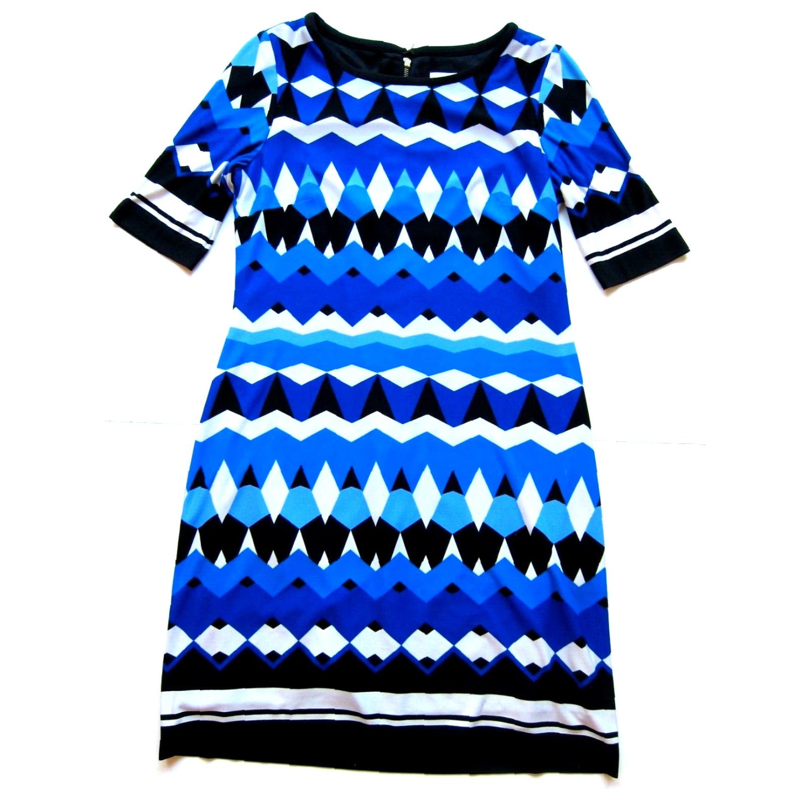 Vintage Eliza J Black Blue White Geometric Stretch Short Sleeve Tunic Sheath Dress 0P Size 25" / US 0 / IT 36 - 2 Thumbnail
