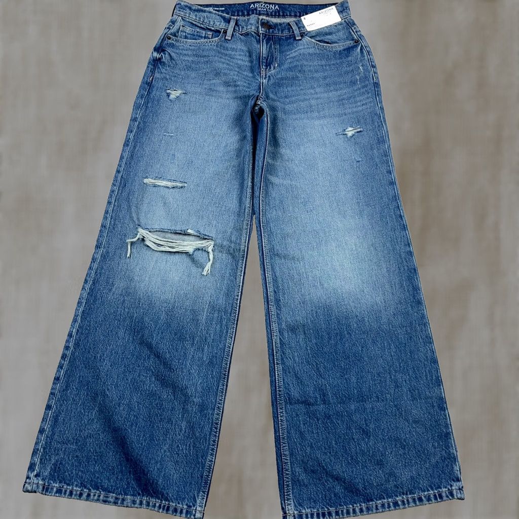 Vintage Arizona Jeans Women 8 Baggy Wide Leg Low Rise Distressed Medium Wash Denim Jeans Modern Retro 80s 90s Rockabilly SolId Blue Boys Mens Womens Size 30" / US 8 / IT 44 - 1 Thumbnail