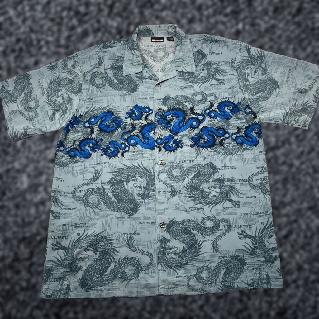VINTAGE ODO Hawaiian Shirt Mens 2XL Blue Dragons Short Sleeve AOP Resort Wear Regular Multicolor Floral 70s 80s Beach Men