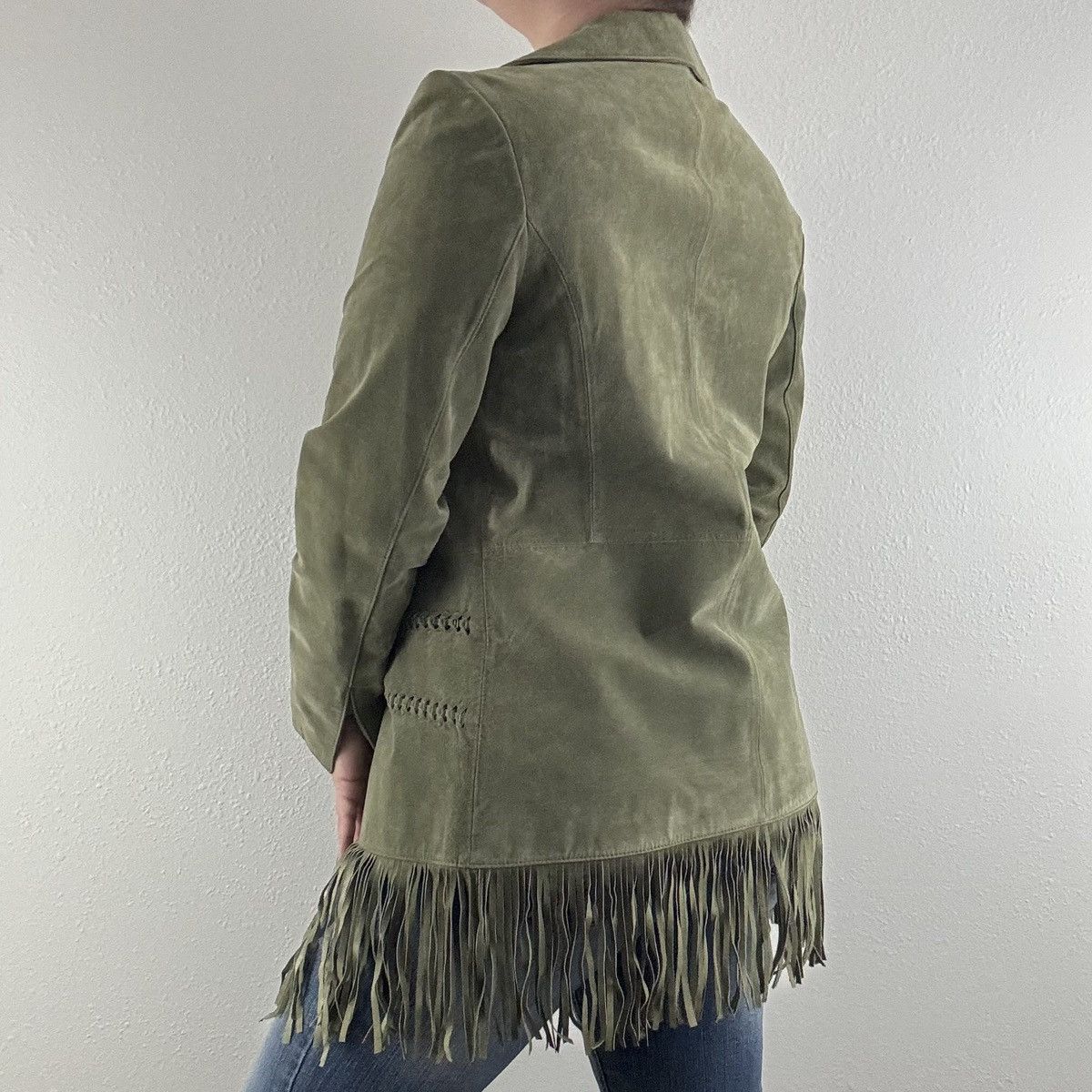 Vintage ARTURO Vintage 90s Green Suede Leather Grunge Fringe Jacket Size M / US 6-8 / IT 42-44 - 2 Thumbnail