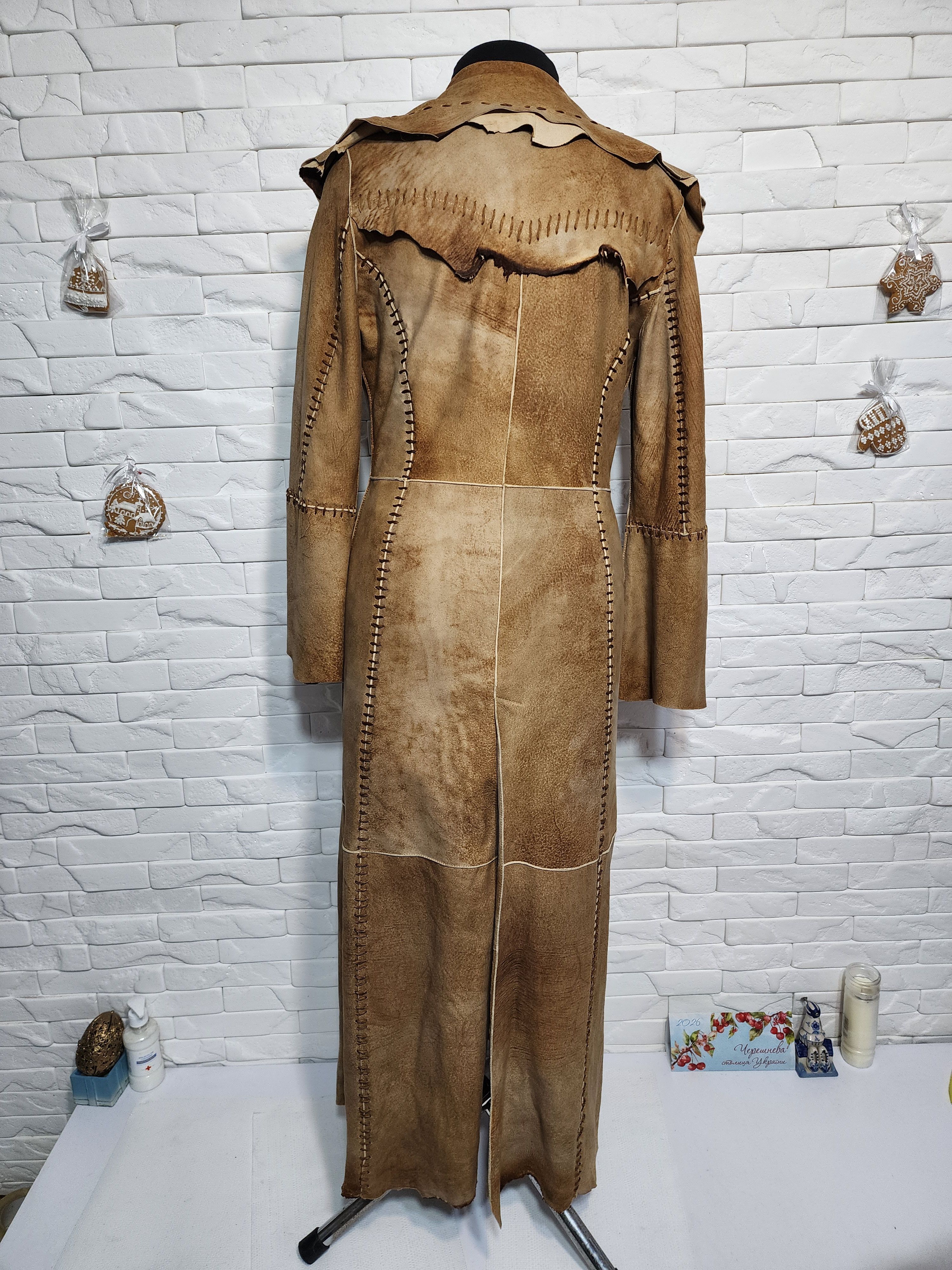 Other Brown Leather Jacket: Long Stylish Women's Coat Size M / US 6-8 / IT 42-44 - 4 Thumbnail