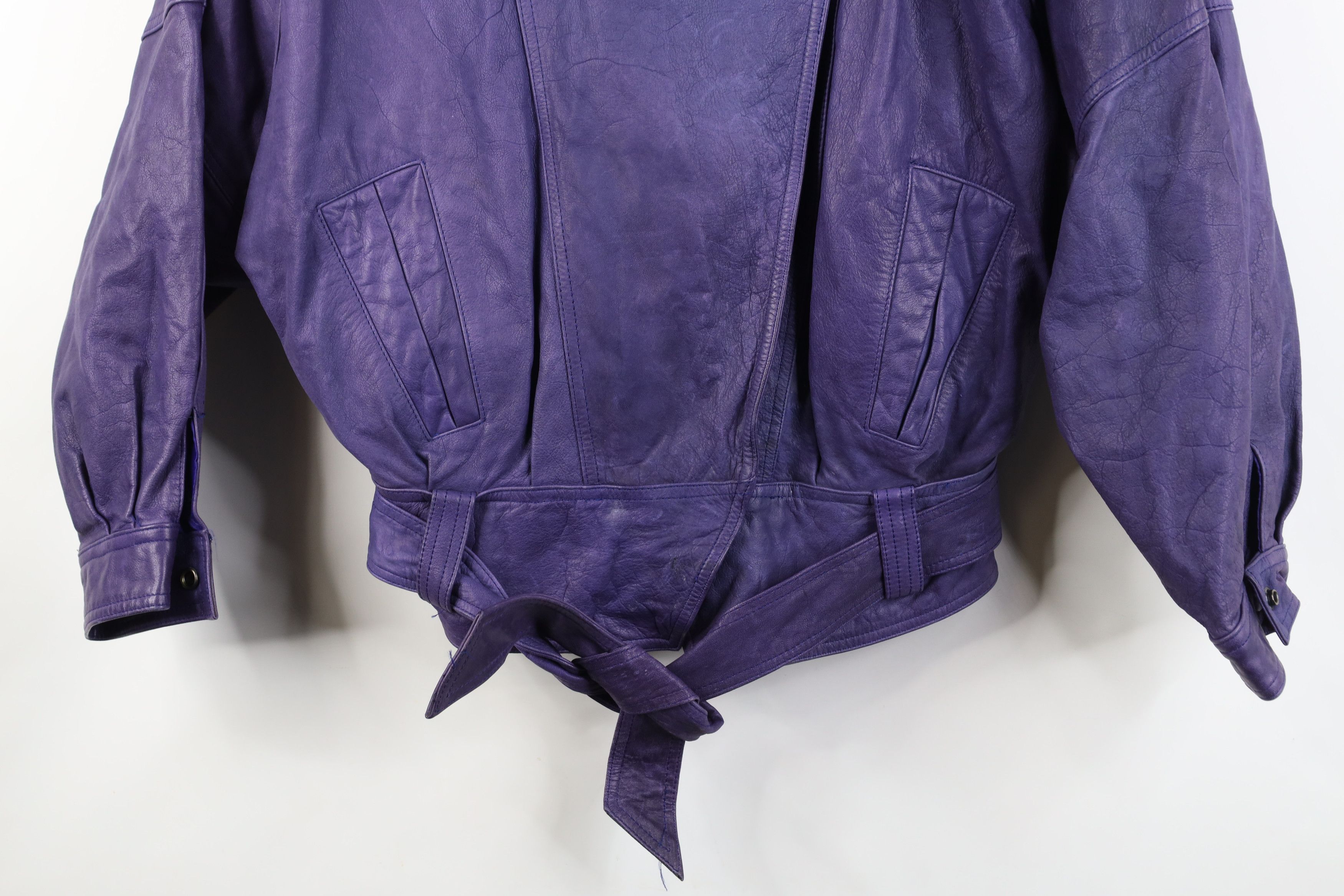 Vintage Vintage 90s Streetwear Belted Leather Bomber Jacket Purple Size M / US 6-8 / IT 42-44 - 3 Thumbnail