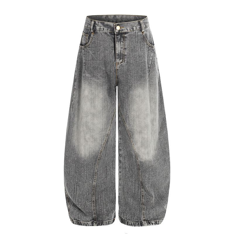 Retro men's distressed washed patchwork curved jeans