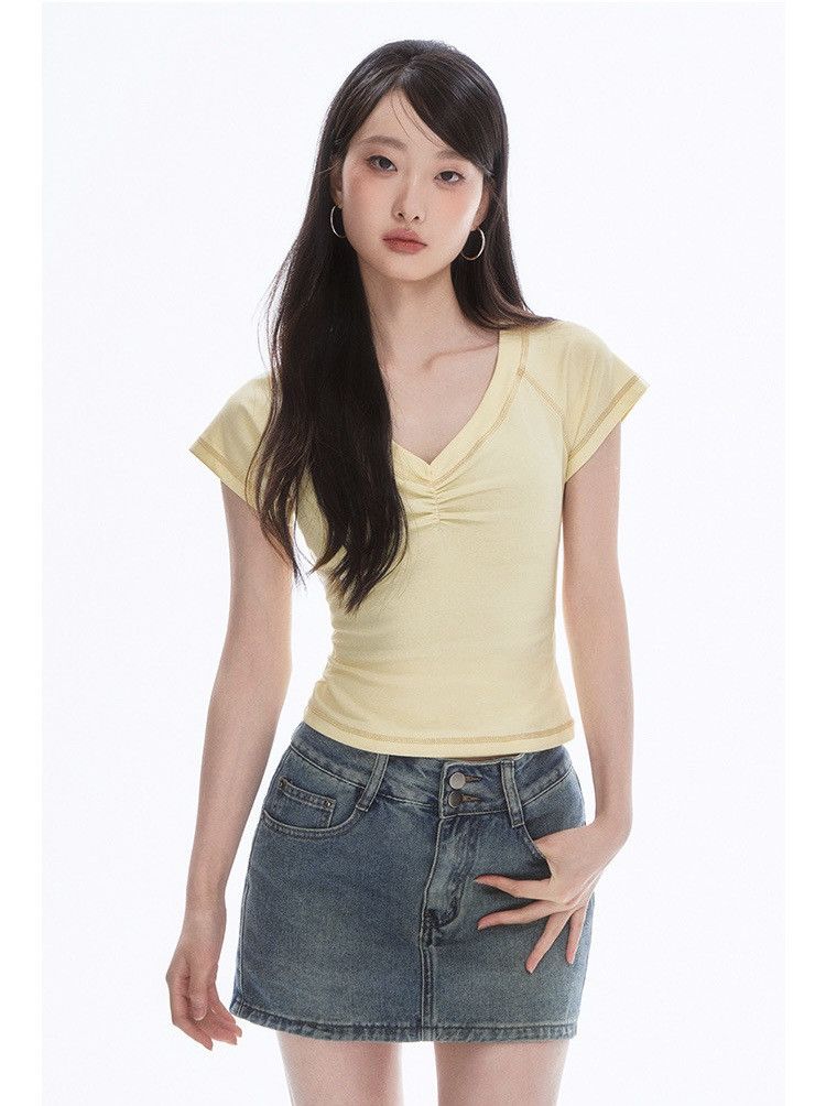 Other Cream yellow V-neck Ruched Cap Sleeve Tee Size L / US 10 / IT 46 - 2 Thumbnail