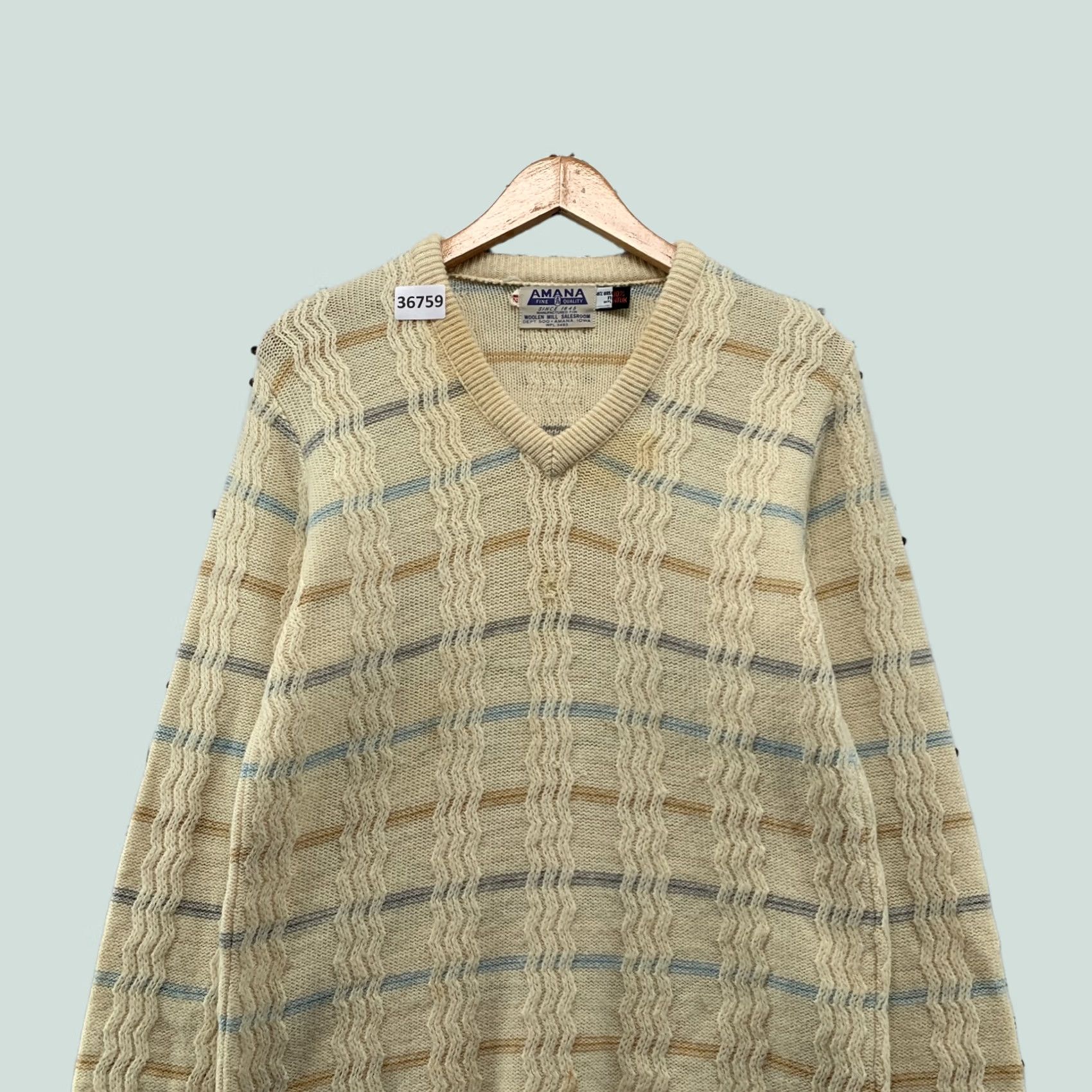 Vintage VINTAGE AMANA Wintuk Knit Sweater Mens Size 42 Beige V Neck Striped Pullover Size US L / EU 52-54 / 3 - 1 Thumbnail