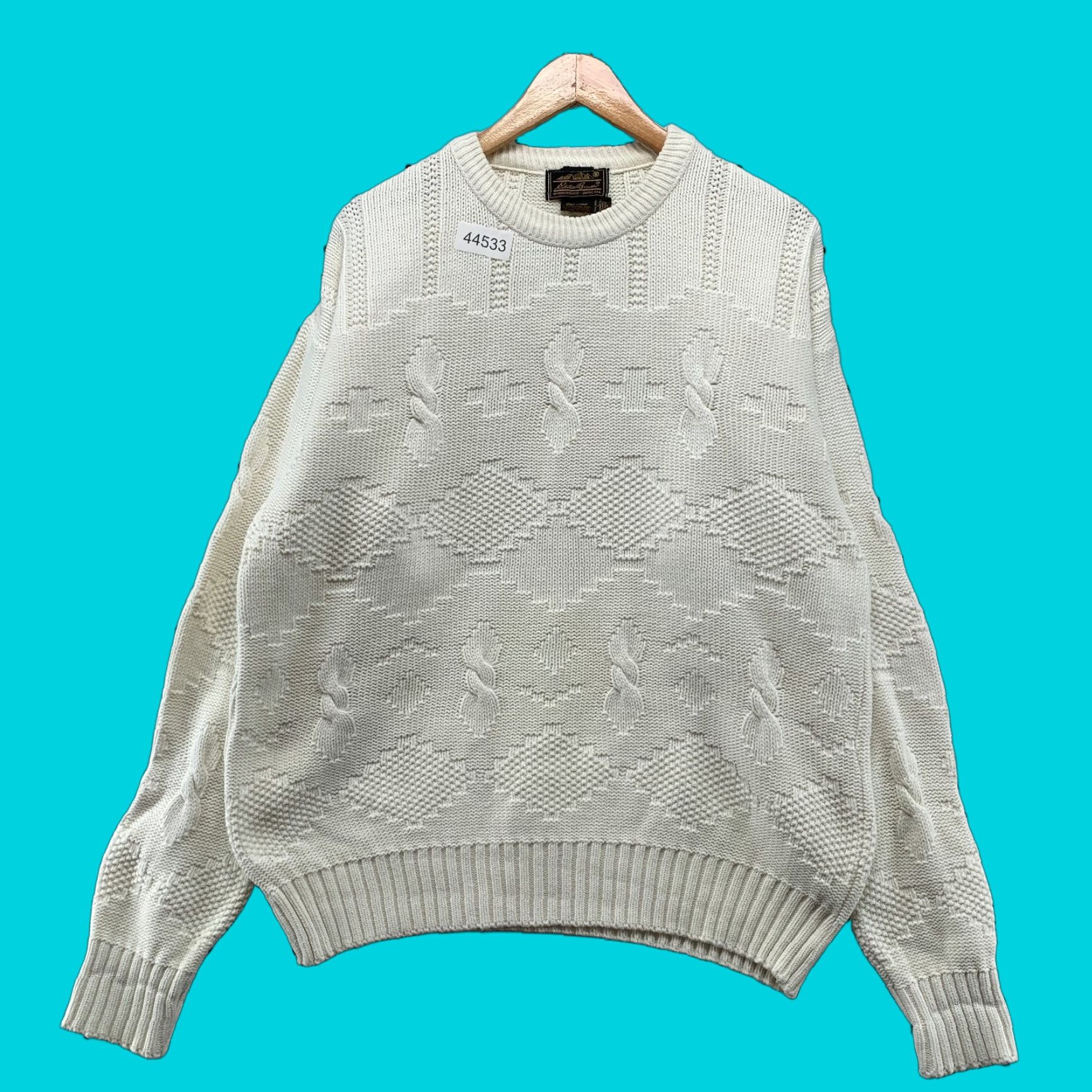 Vintage Eddie Bauer Sweater Mens Large White 80s Cable Knit Made USA