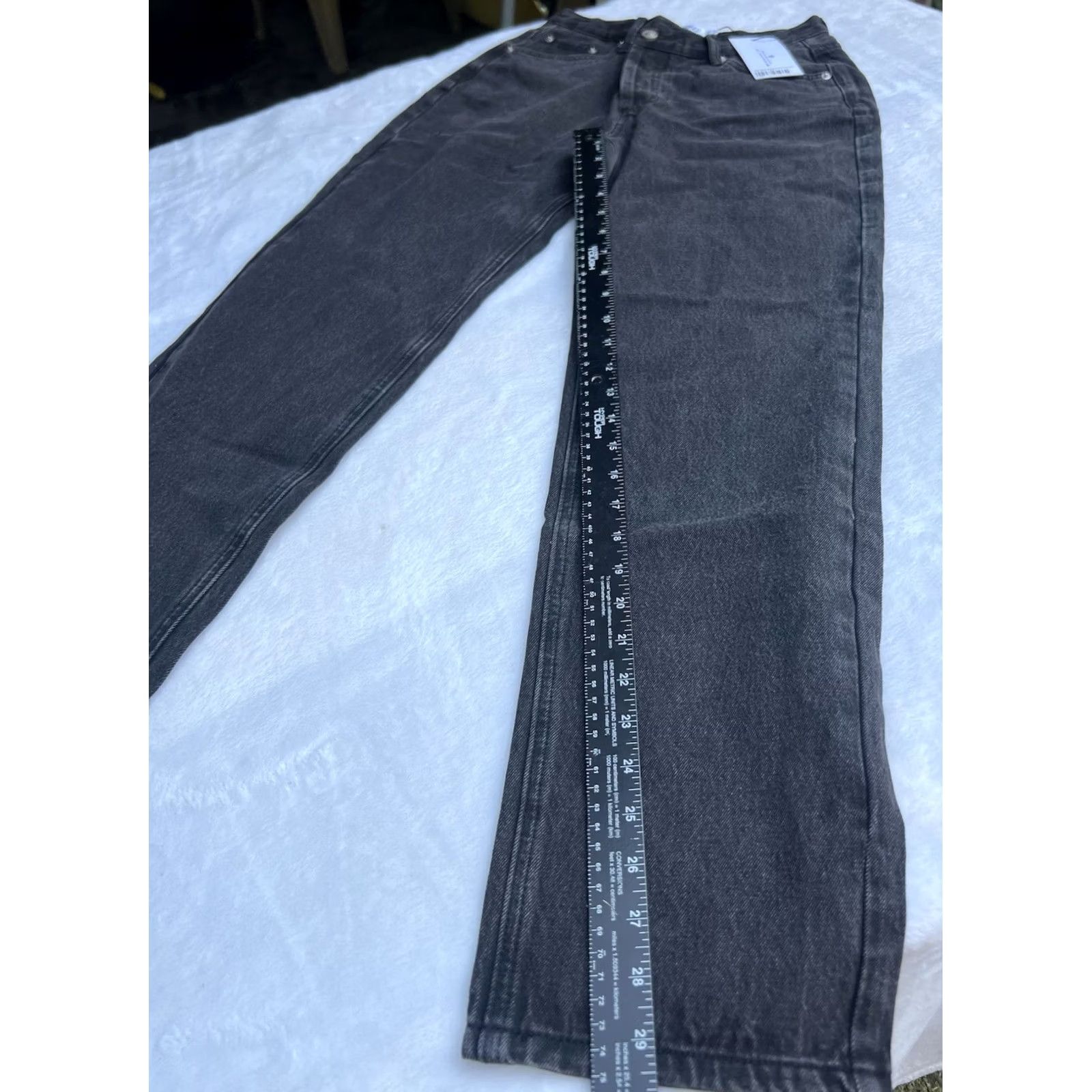 PRINCESS POLLY NWT Princess Polly Women's Black Asymmetrical Jeans Size 4 Straight Denim 29.5in Inseam Pockets Dark Wash Button Rise Mid Black - Womens Size 27" / US 4 / IT 40 - 4 Thumbnail