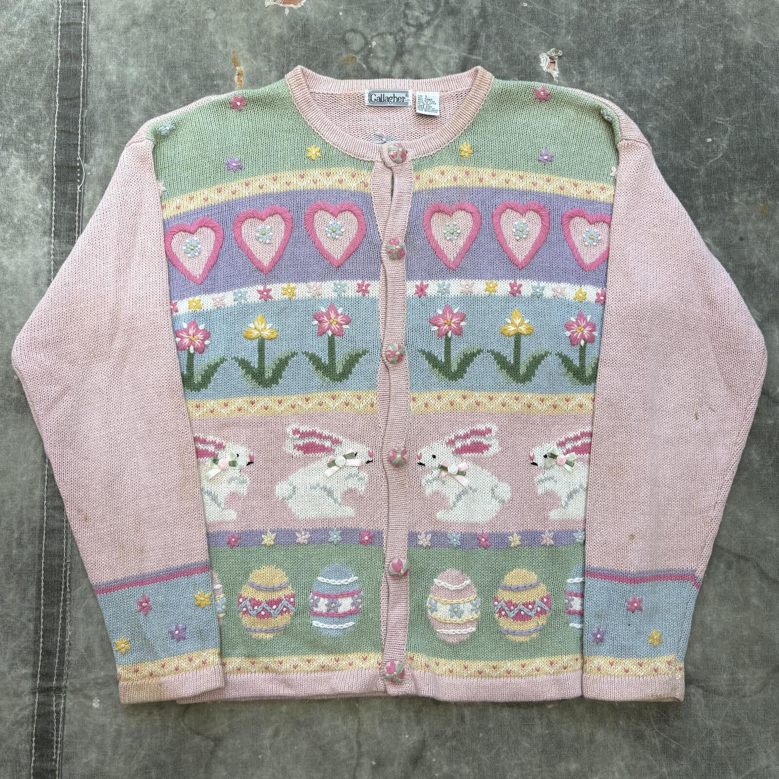 Vintage Vintage 80s Easter Bunny Egg Floral Hearts Sweater Cardigan Size S / US 4 / IT 40 - 1 Thumbnail