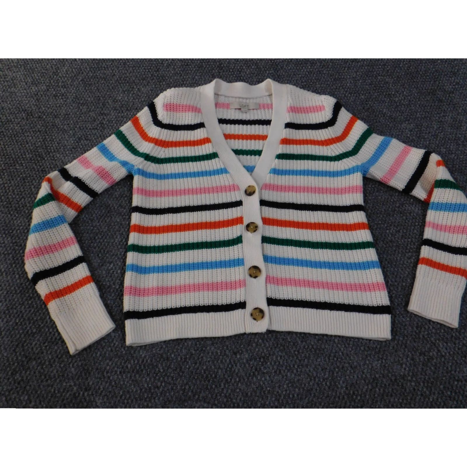 Loft LOFT Cardigan Sweater White Striped V-Neck Knit Long Sleeve M Regular Women Size M / US 6-8 / IT 42-44 - 2 Thumbnail