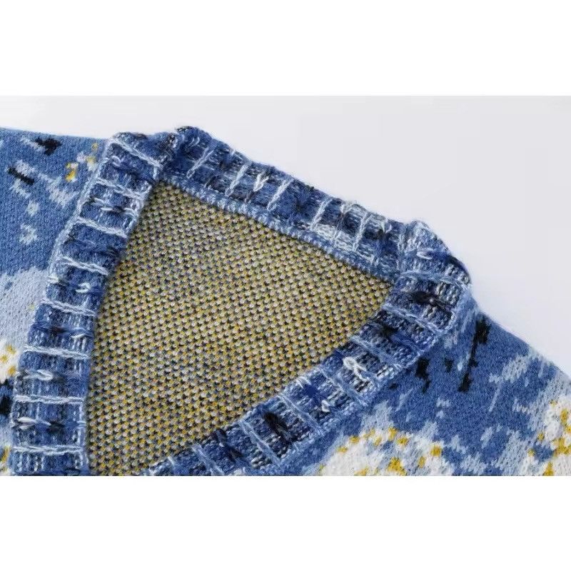 Designer × Other Knitted V-neck Van Gogh Star Sky Night Loose Sweater Size M / US 6-8 / IT 42-44 - 2 Thumbnail