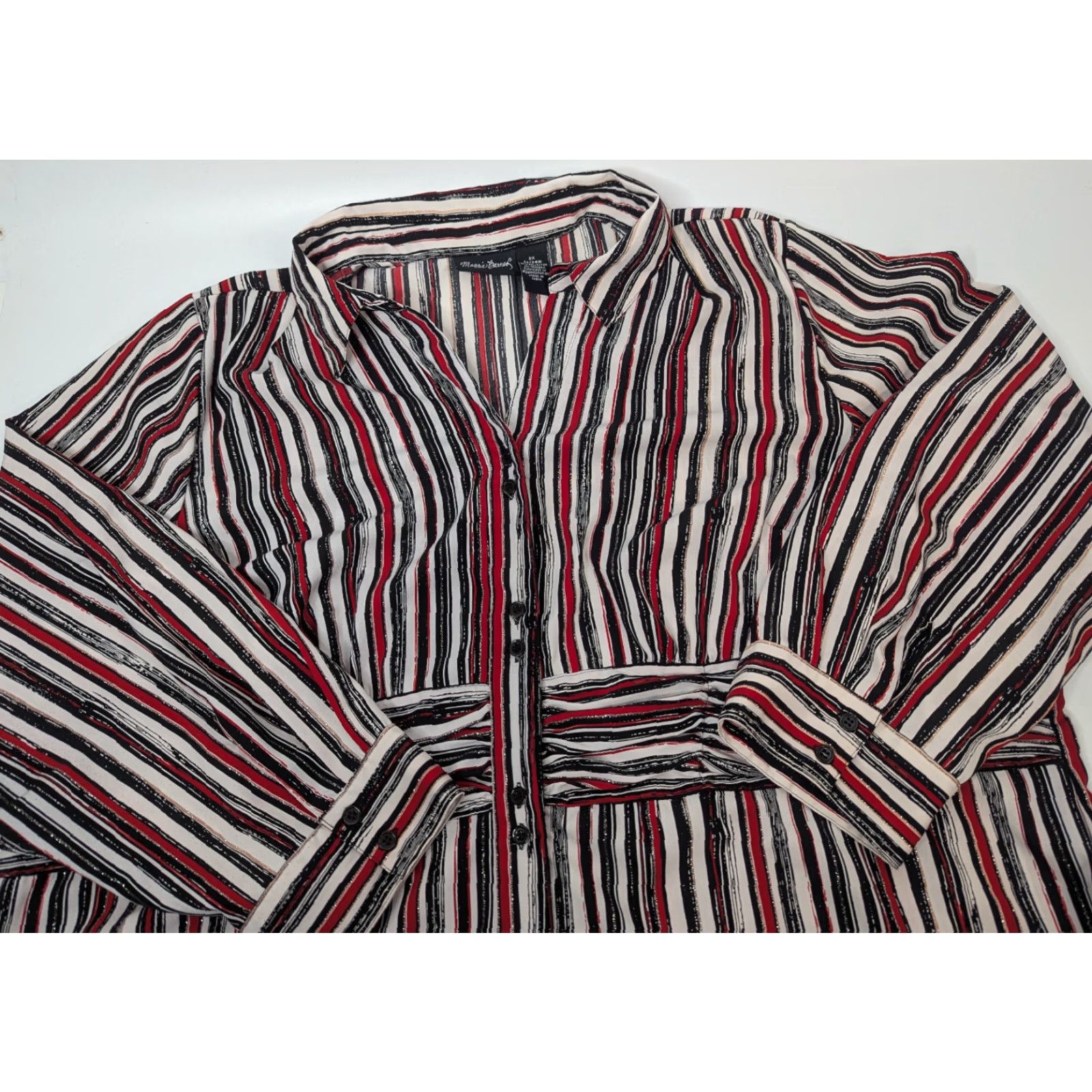 Vintage Maggie Barnes Shirt 2X Womens Red Stripe Button Front Stretch V-Neck Long Sleeve Casual Size XXL / US 16-18 / IT 52-54 - 2 Thumbnail