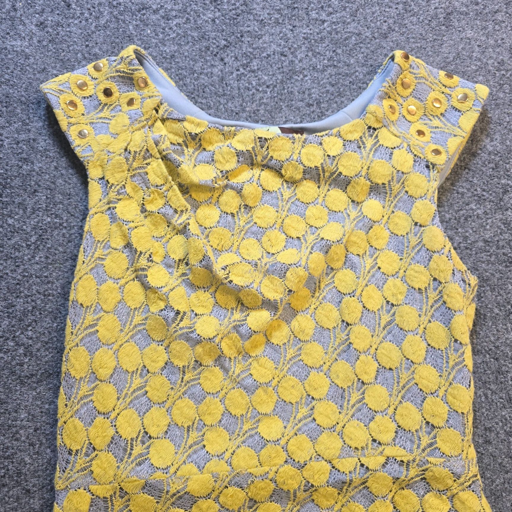 Vintage Eva Franco Dress Womens Size 6 Yellow Lace Silk Floral Ruched Stretch Cocktail Dress Size M / US 6-8 / IT 42-44 - 2 Thumbnail