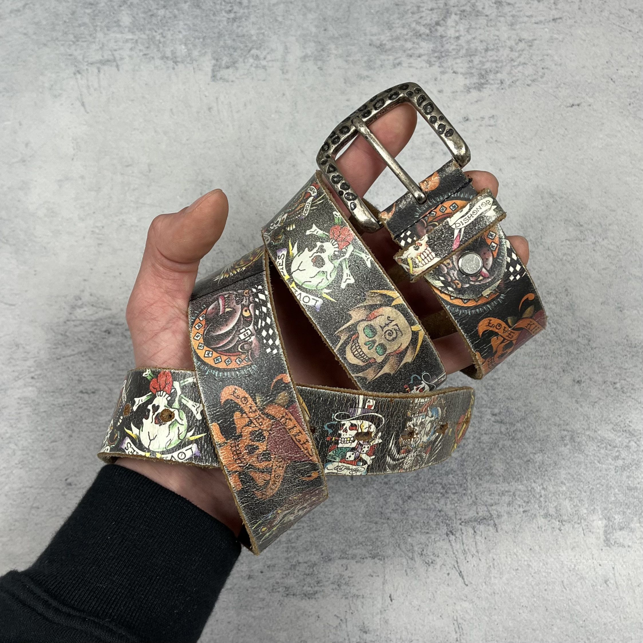 Ed Hardy Vintage Ed Hardy Y2K Tattoo Skulls Leather Belt 2000’s Size ONE SIZE - 1 Thumbnail