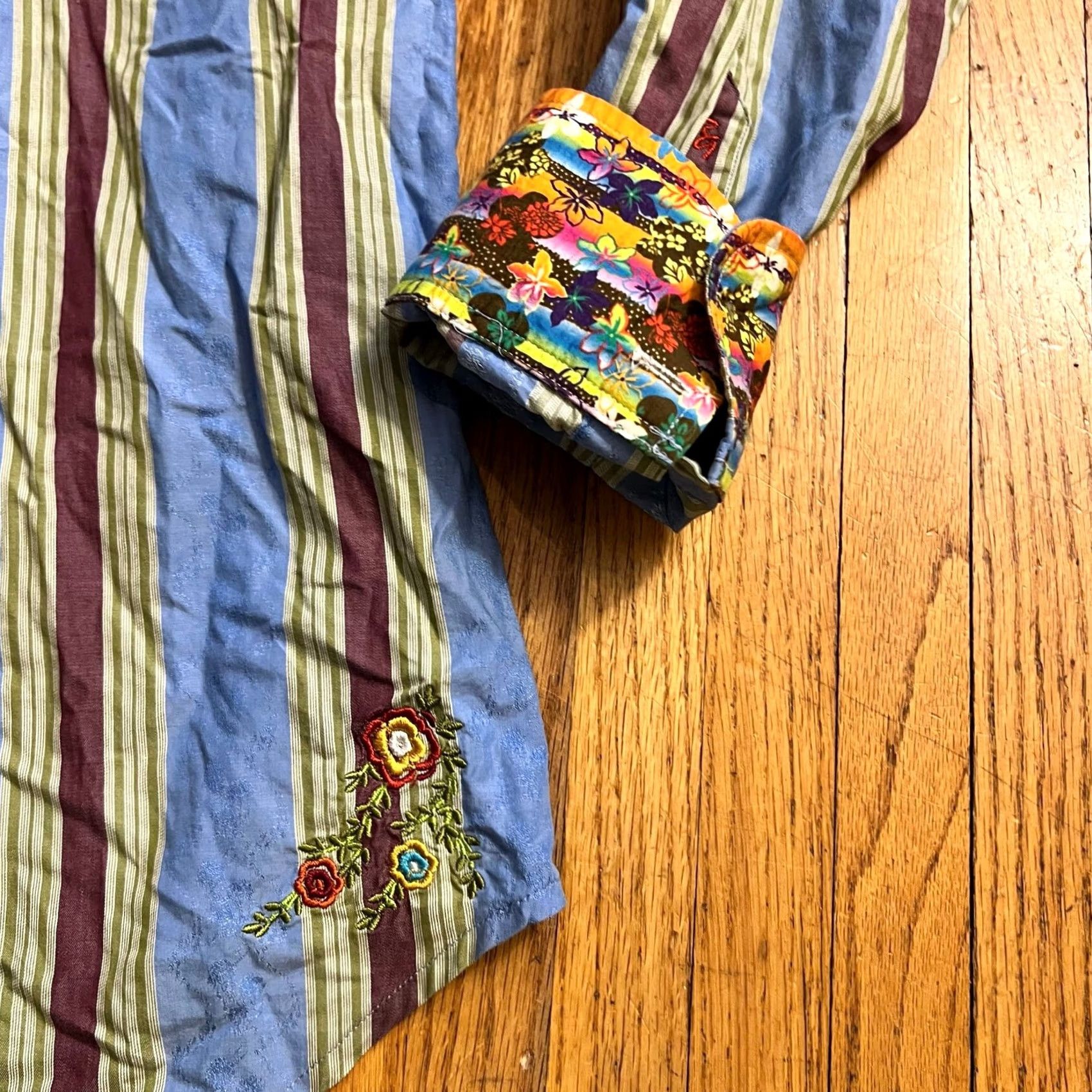 Robert Graham Robert Graham Shirt Mens XL Stripe Floral Flip Cuff Blue Button Up Long Sleeve Size US XL / EU 56 / 4 - 2 Thumbnail