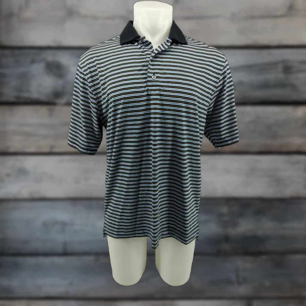 Footjoy FootJoy FJ Hombre Golf Club Polo Shirt Black Blue White Striped Spandex Medium Men Polo Shirt Short Sleeve Nylon Polyester Spandex Size US M / EU 48-50 / 2 - 1 Thumbnail