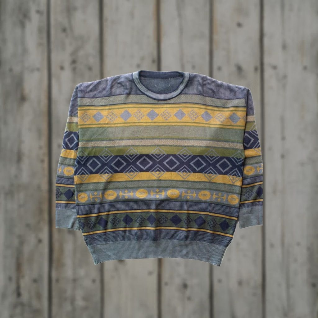 Vintage VINTAGE 80s Blue Sweater Geometric Pattern Wool / Acrylic Large Pullover Top Size L / US 10 / IT 46 - 1 Thumbnail