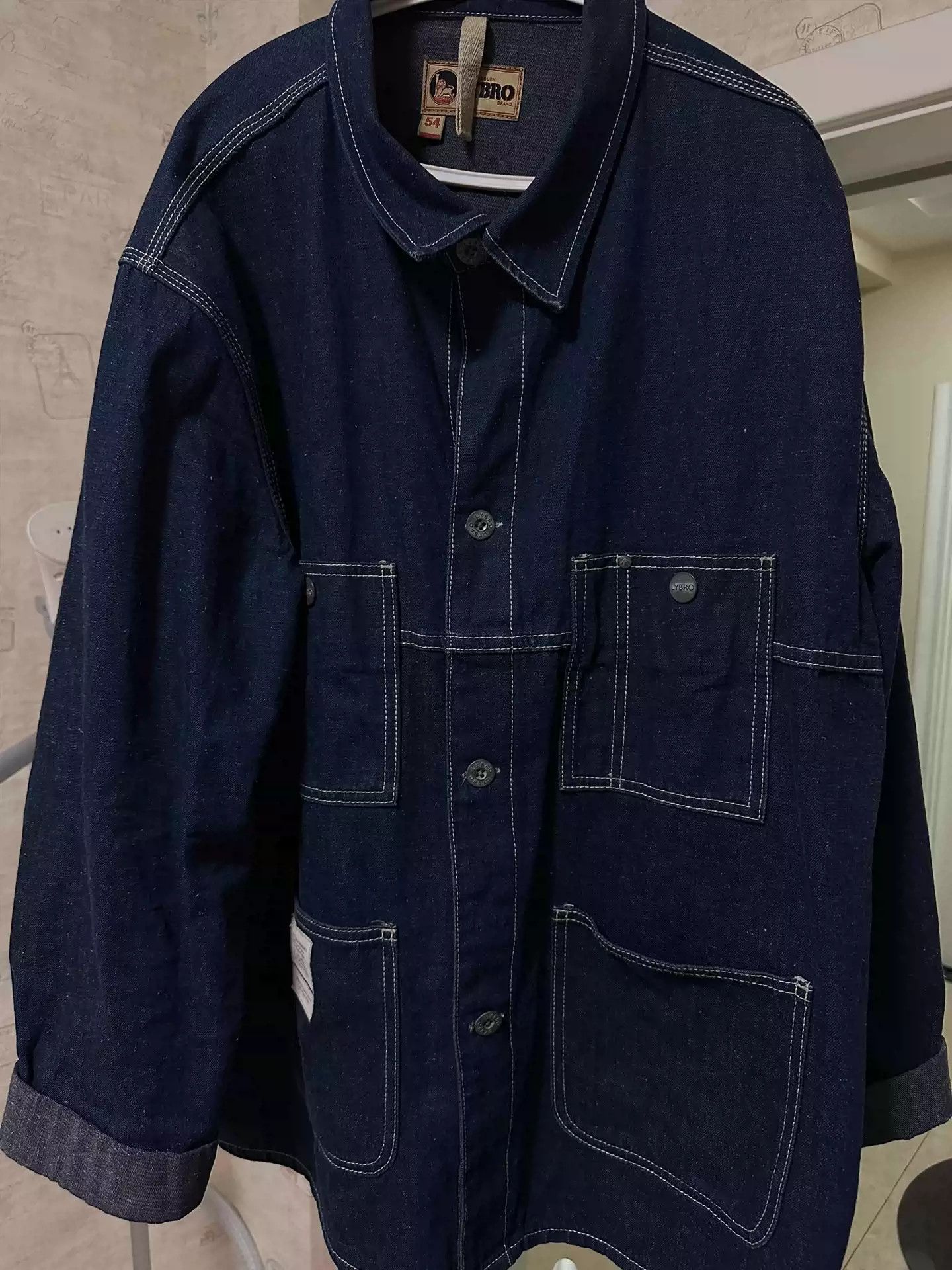 image of Nigel Cabourn X Lybro Naval Dungaree Denim Jacket in Blue, Men's (Size 2XL)