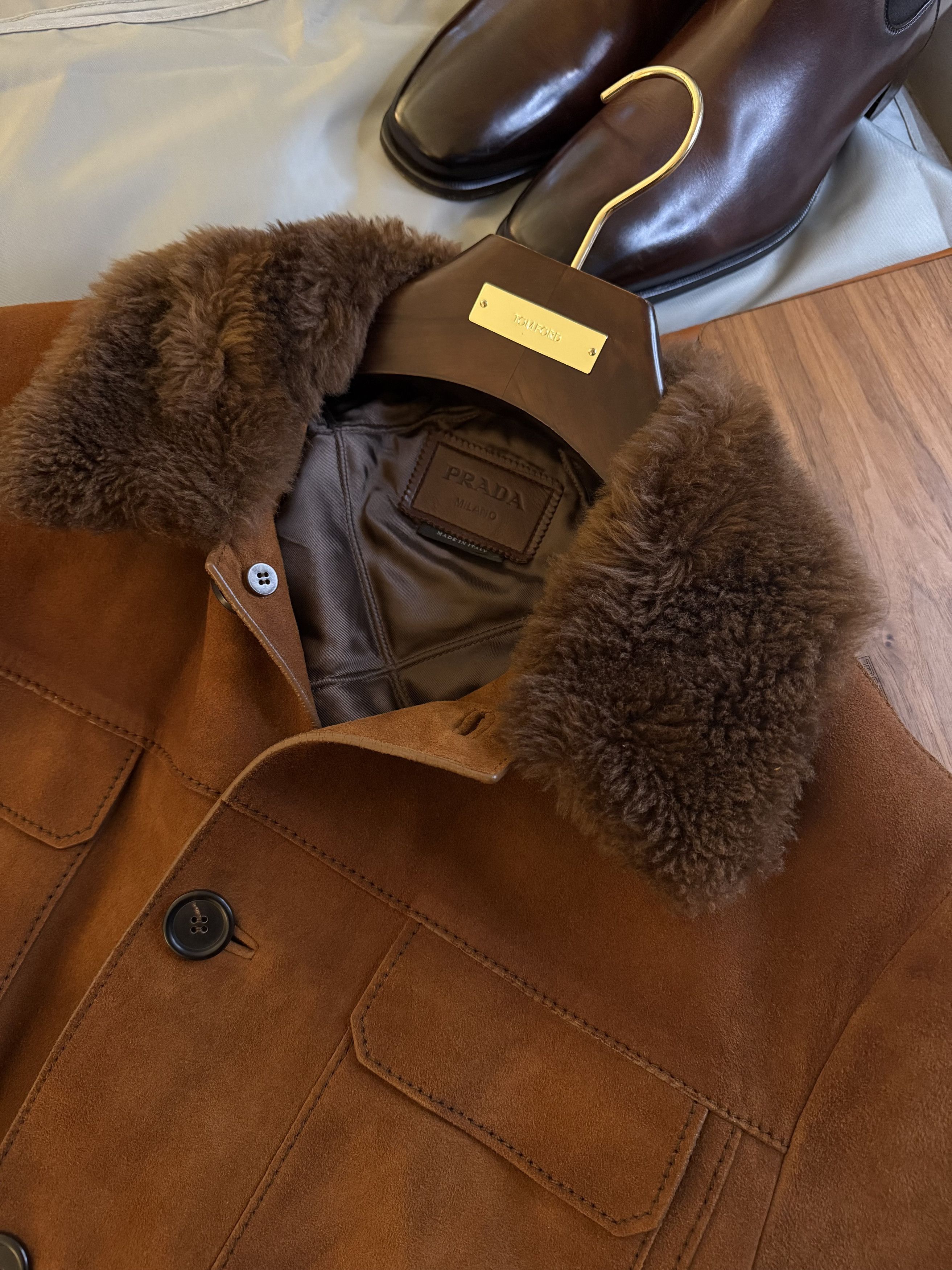 Prada Ultimate Rare $10,500 w/tax Shearling Collar Burnished Suede Size US L / EU 52-54 / 3 - 15 Thumbnail