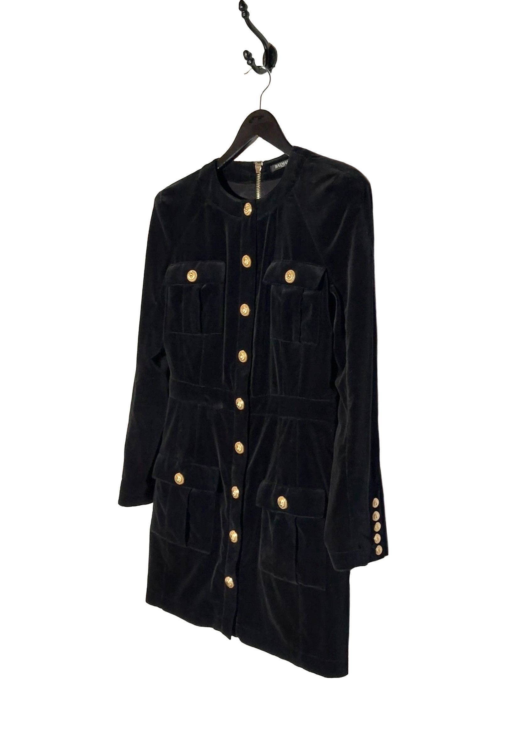 Balmain Balmain Black Velvet Military Accent Button Mini Dress Size L / US 10 / IT 46 - 2 Thumbnail