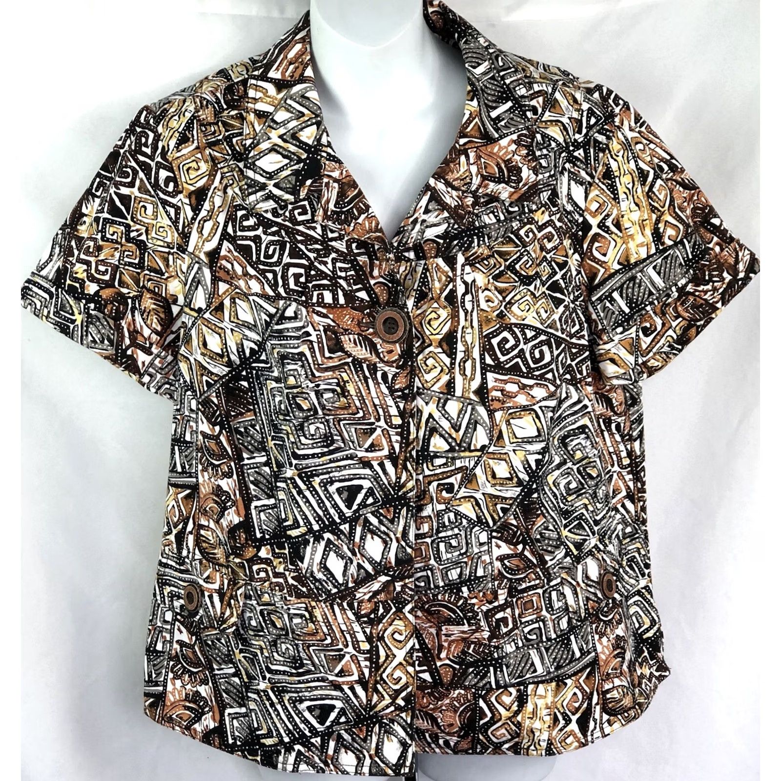 Vintage Christopher Banks Shacket XL Brown/Black Tribal Aztec Boho Cardigan Short Sleeve Button Shirt Women Size XL / US 12-14 / IT 48-50 - 5 Thumbnail