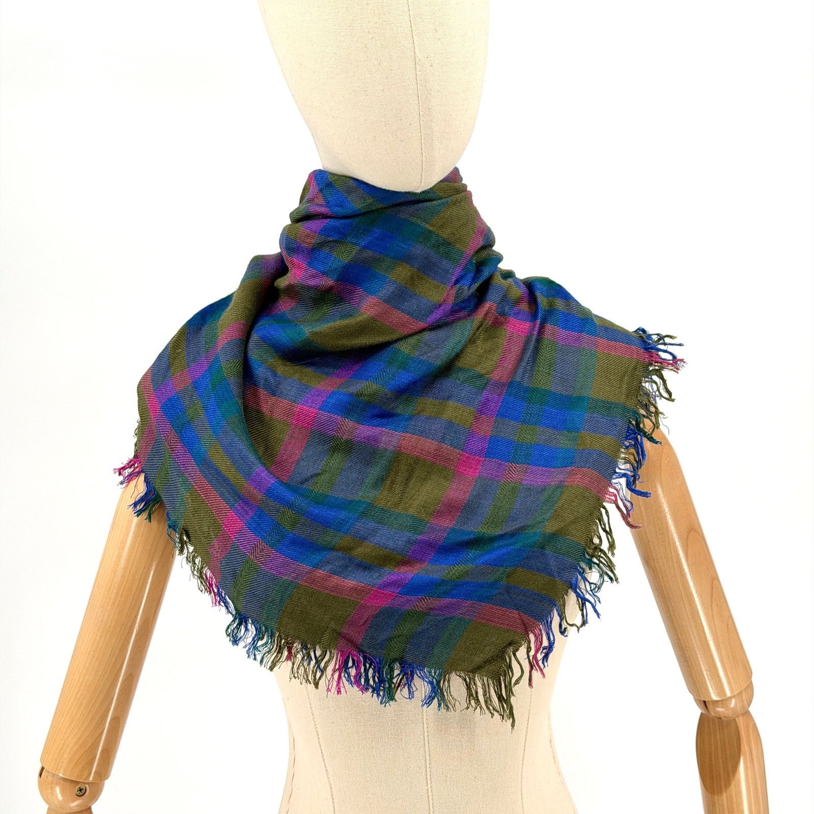 Vintage Vintage 70s Echo Olive Blue Pink Plaid Square Scarf Size ONE SIZE - 1 Thumbnail
