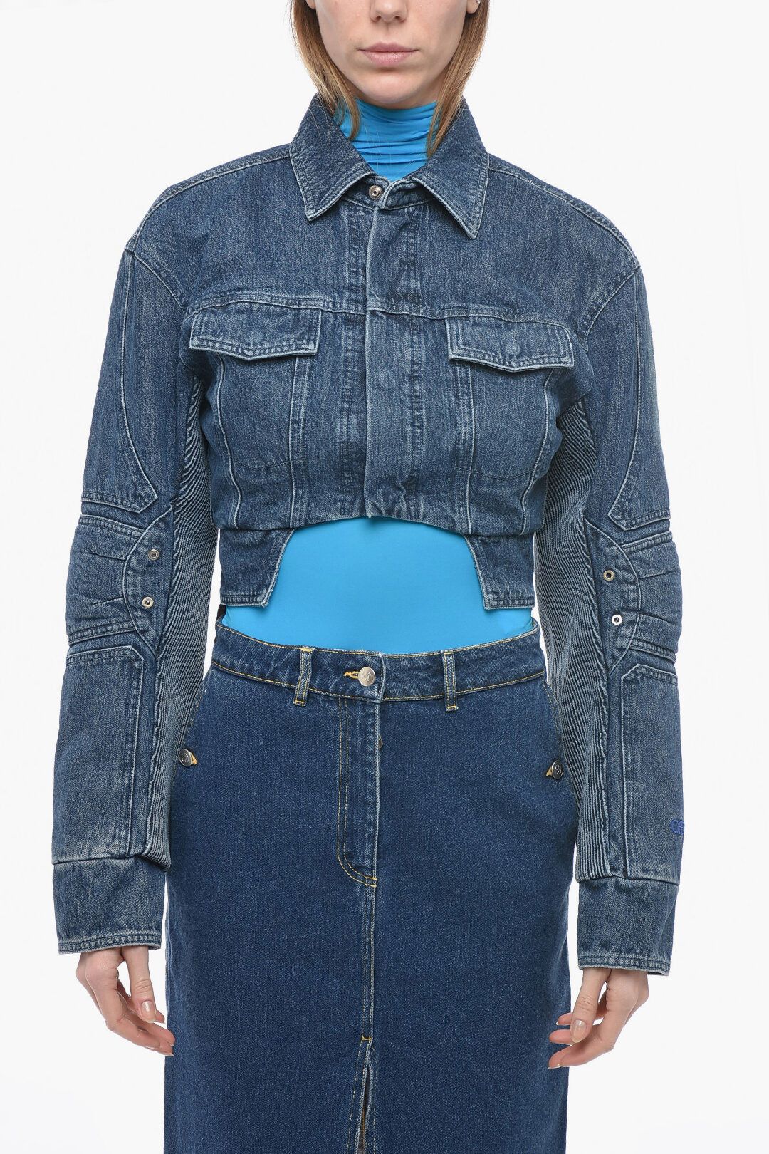 image of Off White Og1Mm0524 Biker Fit Cropped Denim Jacket In Blue, Women's (Size XS)