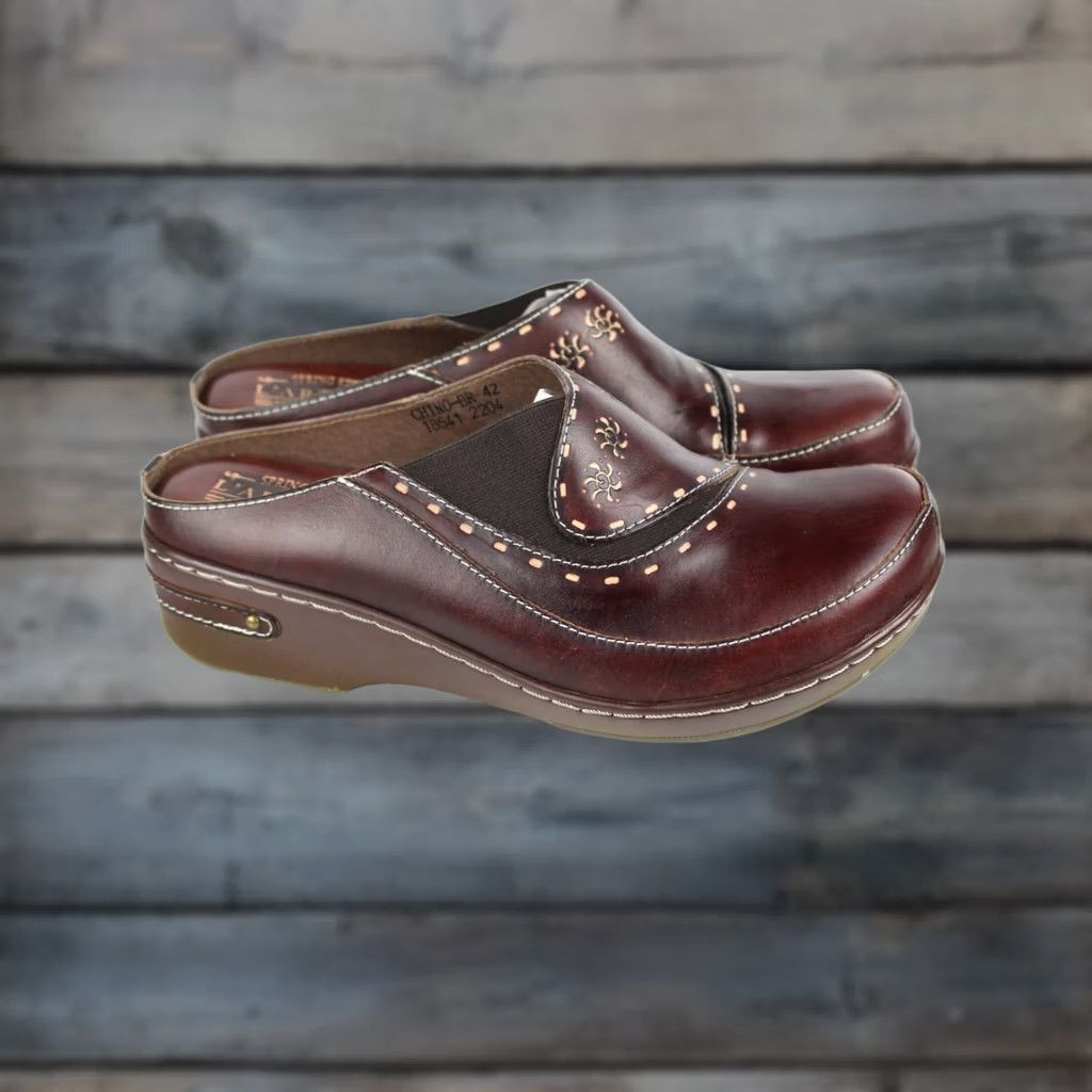 Vintage Spring Step L'Artiste Women's Chino Leather Clogs Brown 42 / 10.5-11 Brown Floral Slip On Cushioned Leather Casual Women's Shoes Size ONE SIZE - 1 Thumbnail