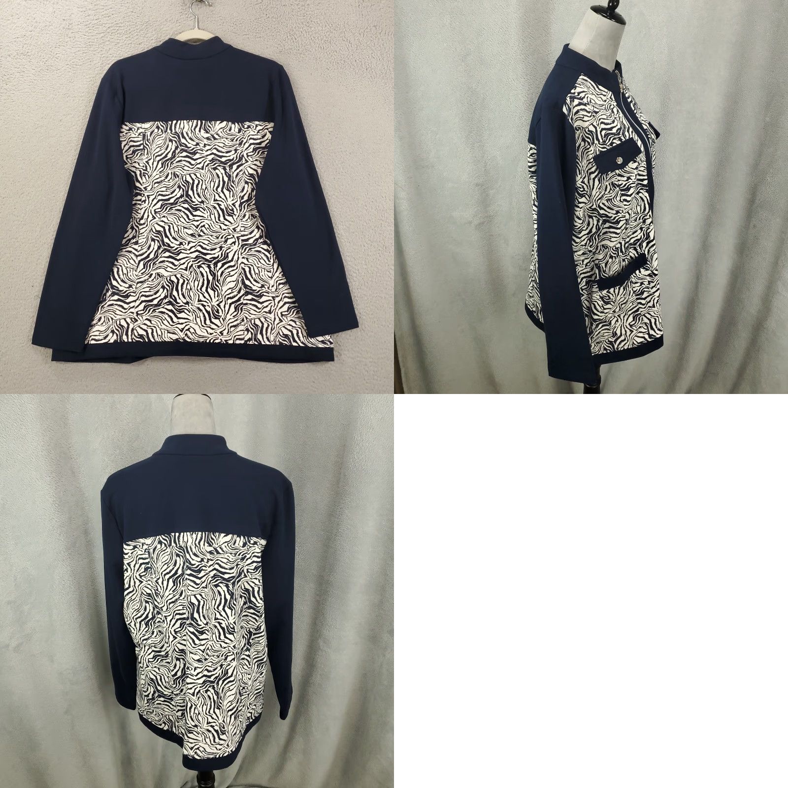 Vintage Susan Graver Womens Jacket 1X Navy Blue White Geometric Full Zip Stretchy Jacket Size XL / US 12-14 / IT 48-50 - 8 Thumbnail