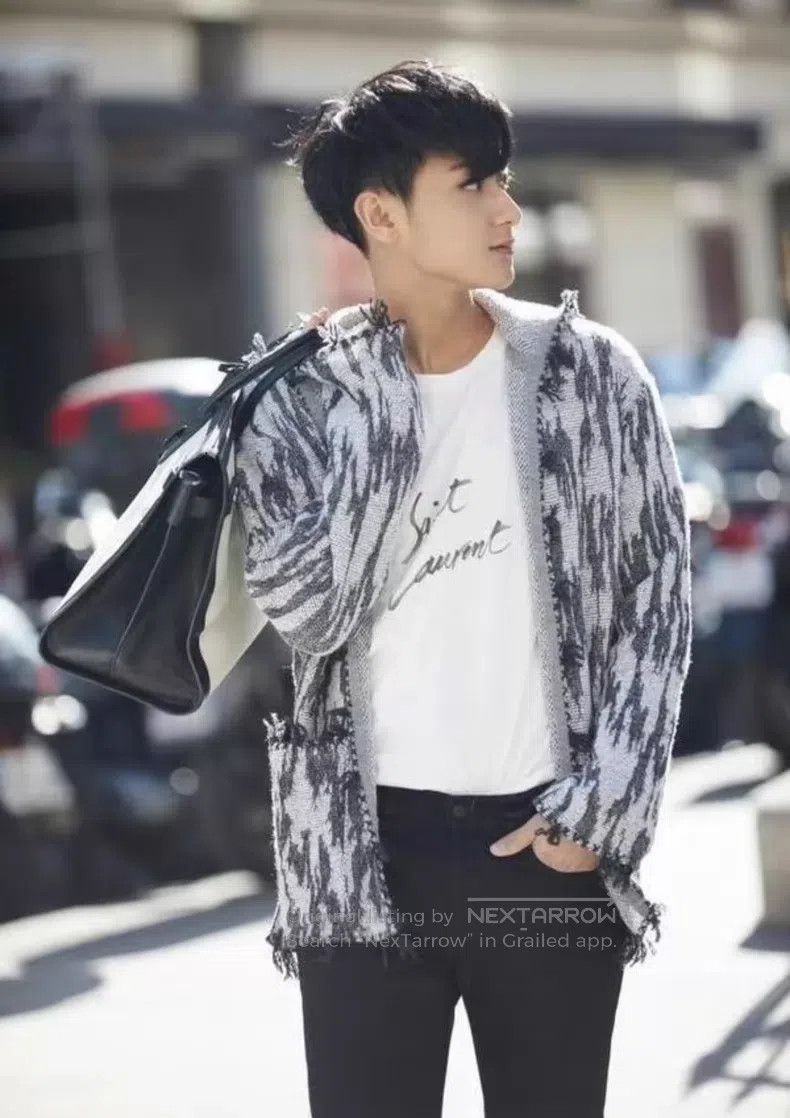 Saint Laurent Paris Saint Laurent Paris Grey and White Fringe Lightning Hooded Size US M / EU 48-50 / 2 - 8 Thumbnail