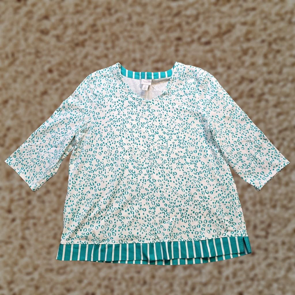 Vintage Chicos Top Womens XL White Green Leopard 3/4 Sleeve Stretch Casual Tunic Blouse Jersey Cotton Spandex Womens Regular Men no Size XL / US 12-14 / IT 48-50 - 1 Thumbnail