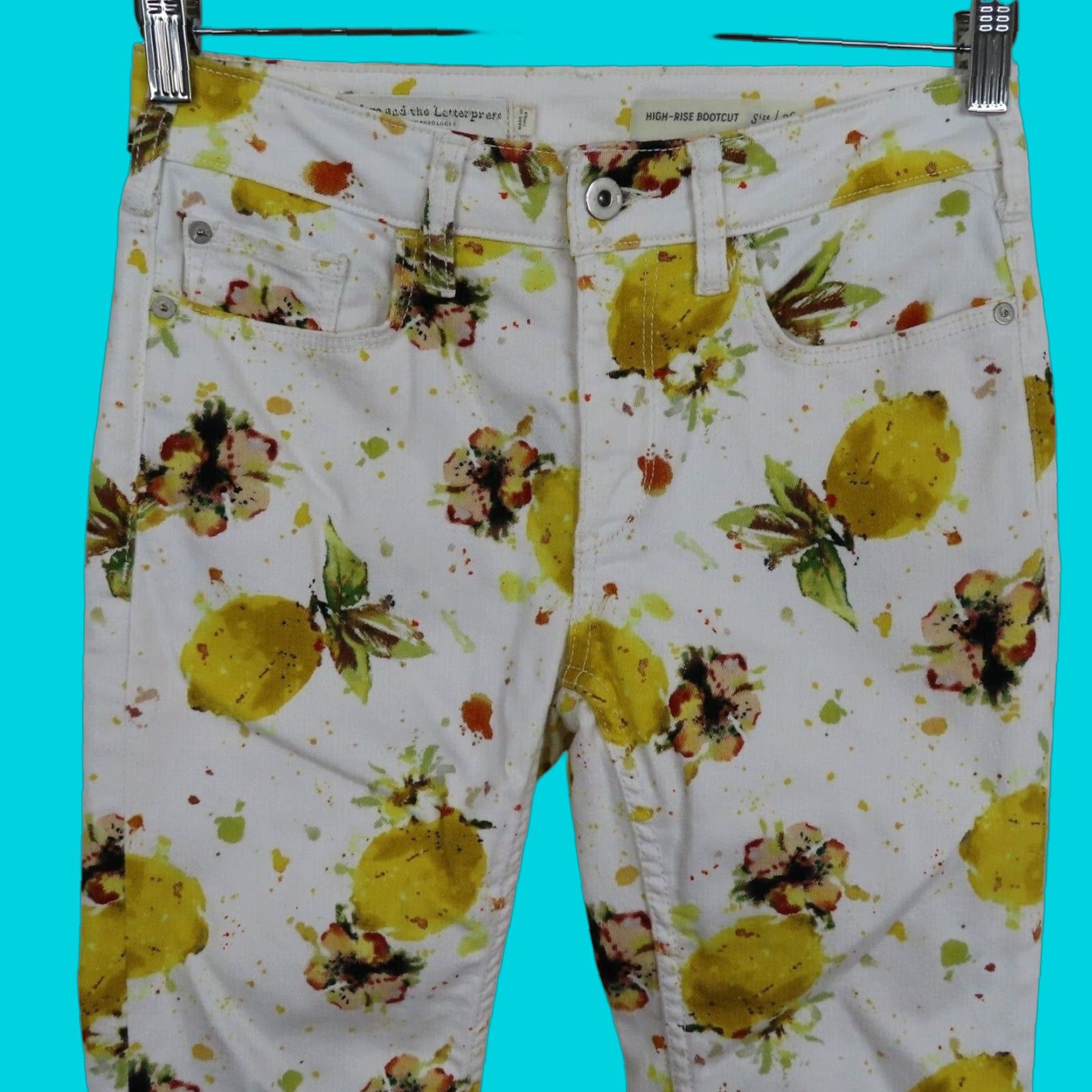 Vintage Pilcro and the Letterpress Womens Jeans 26 High Rise Bootcut Yellow Lemon Print Floral 5-Pocket Denim Bohemian Womens Size 26" / US 2 / IT 38 - 1 Thumbnail